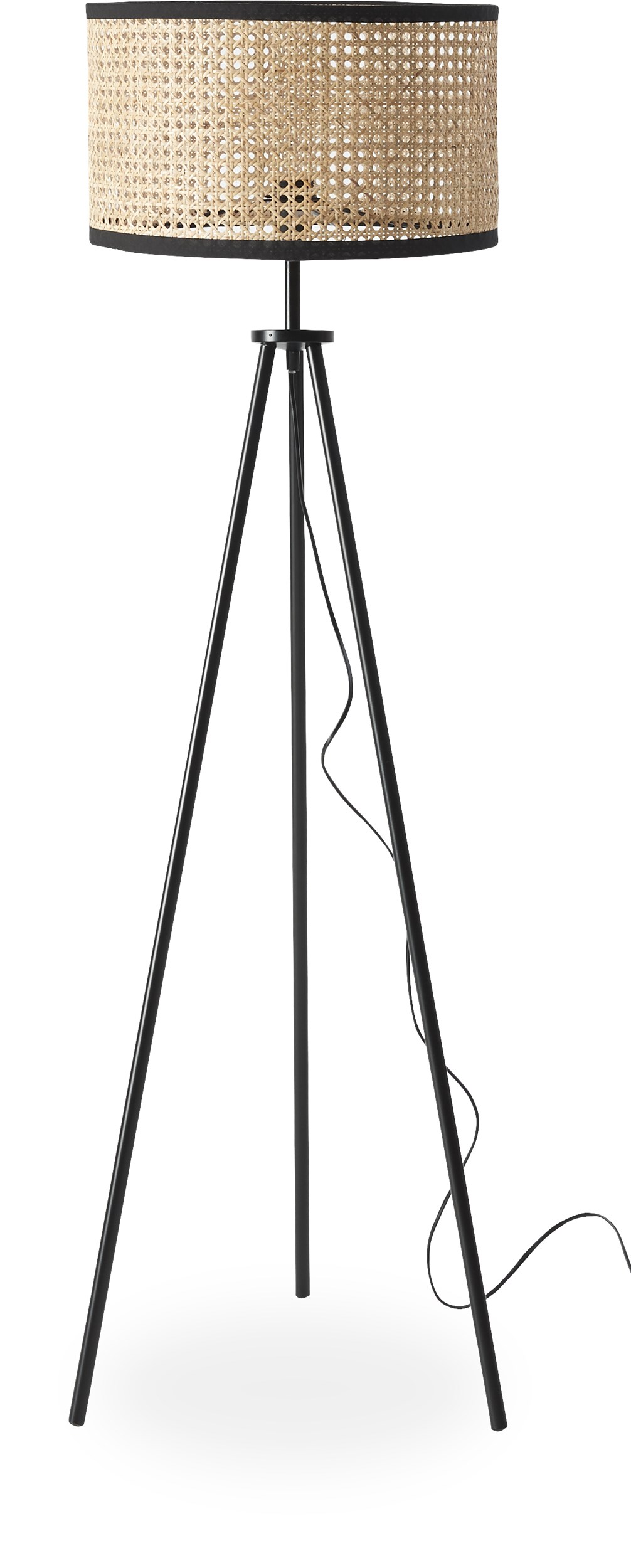 Aubrey Gulvlampe 128 x 38 cm - Naturfarvet rattan, 3 sorte metal ben og Skærm i fransk flet