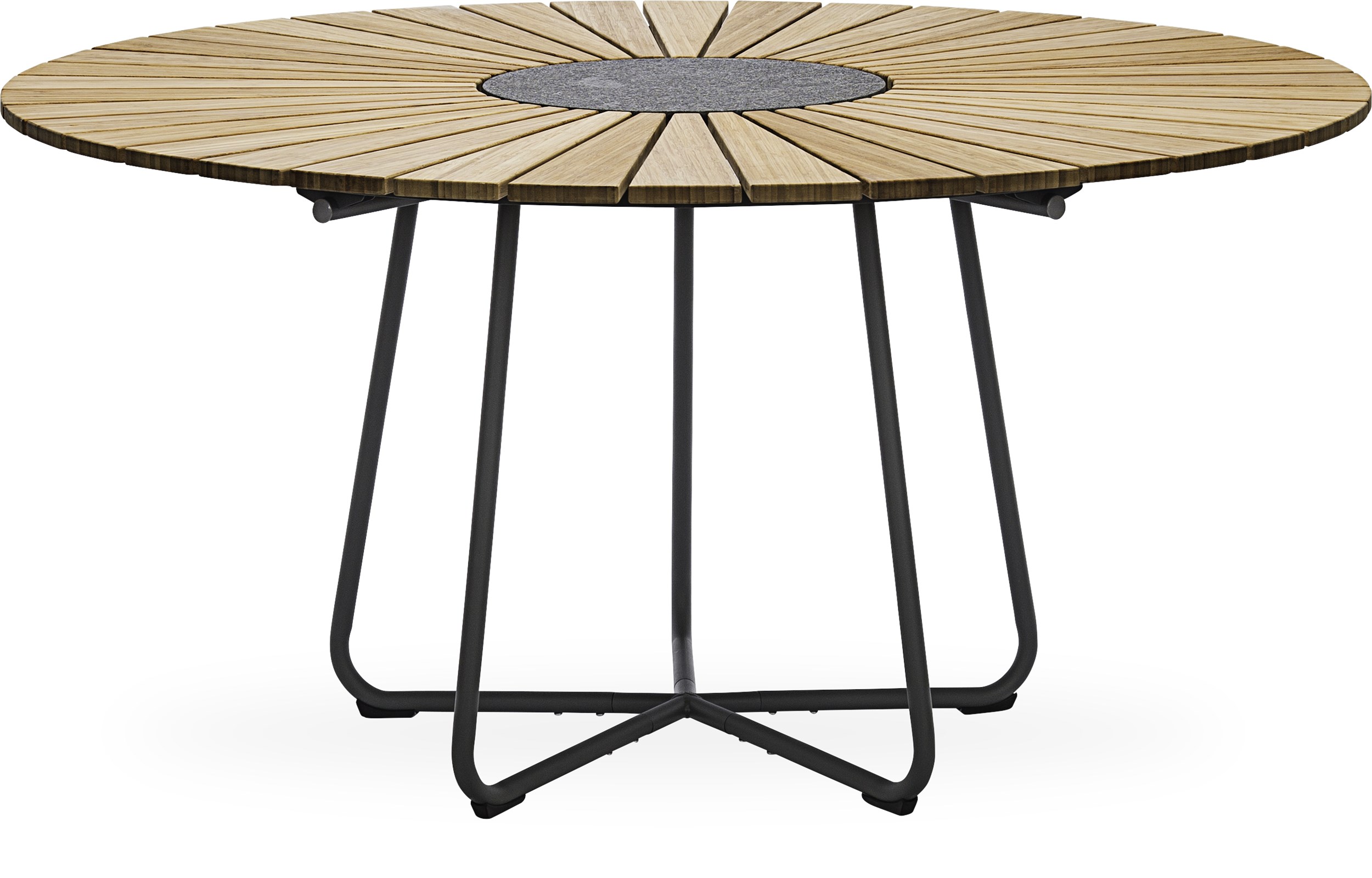 Circle Havebord 150 x 74,5 cm - Oliebehandlet bambus, granit i midten og stel i stålgrå metal.