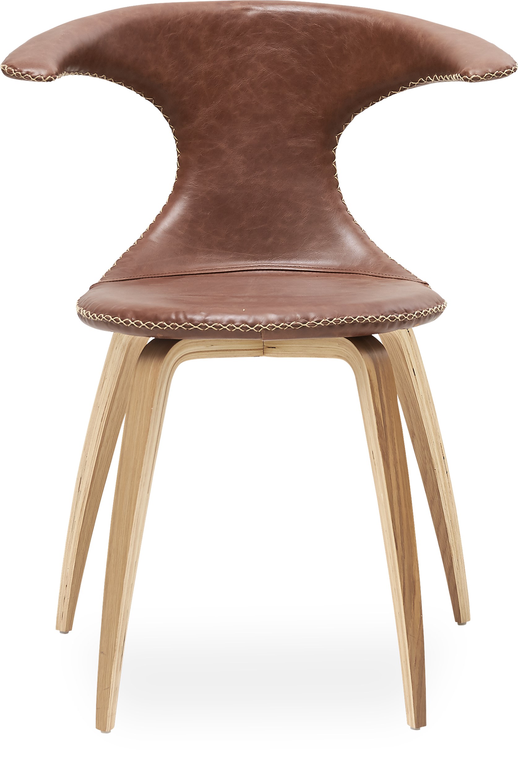 Flaire Spisebordsstol - Brunt læder med kontrastsyning og ben i egefinér