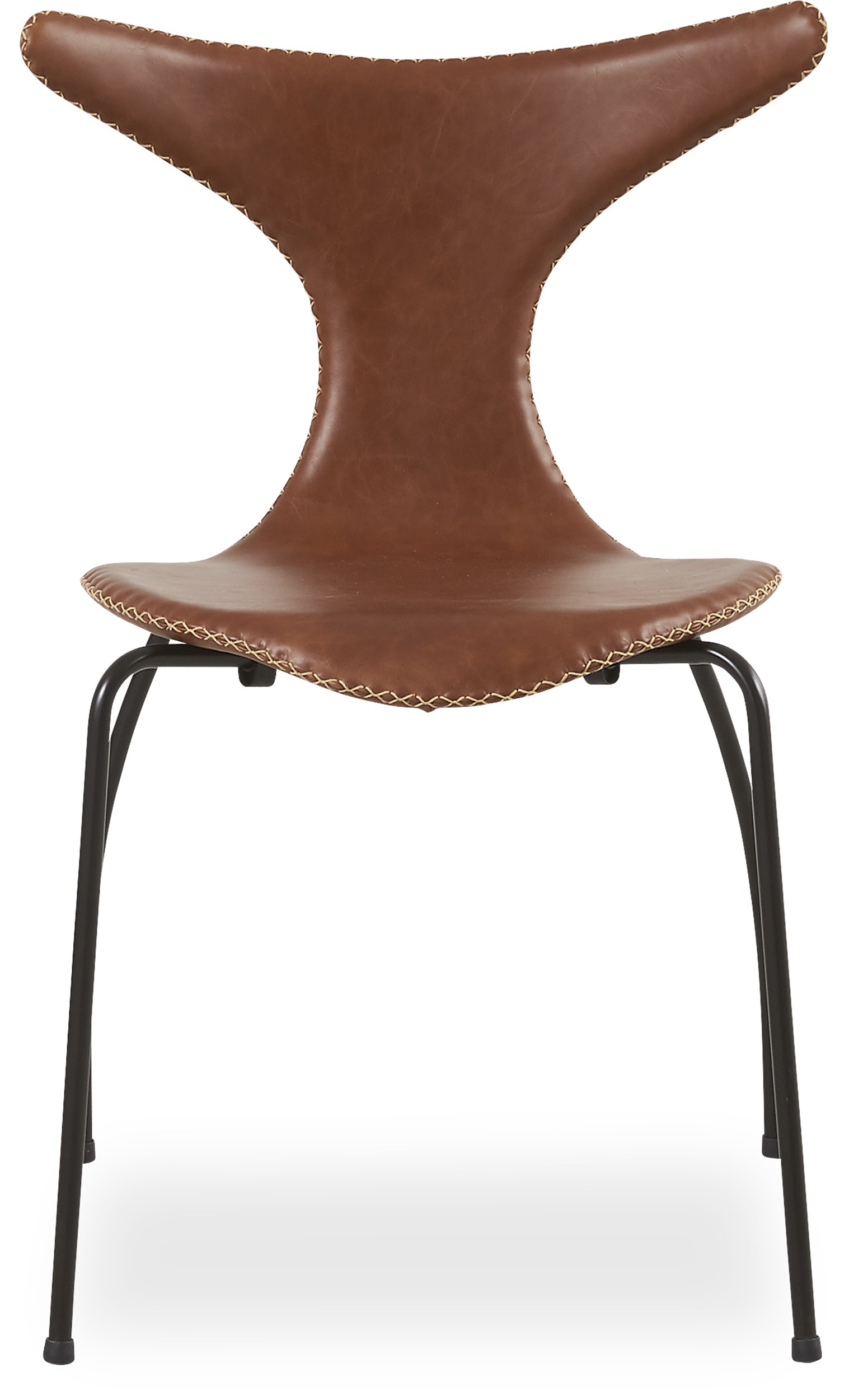 Dolphin Spisebordsstol - Brunt læder med kontrastsyning og ben i matlakeret sort metal