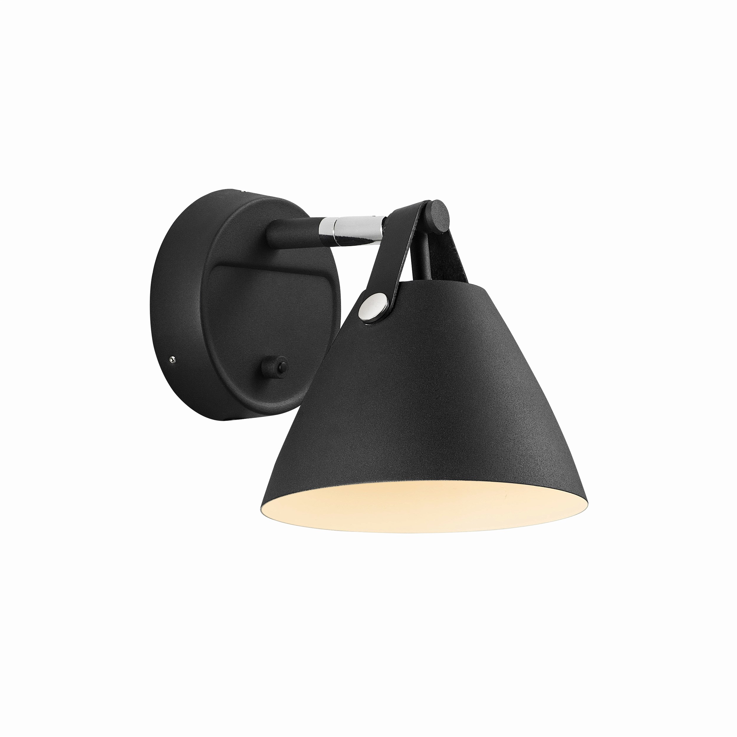 STRAP Væglampe 21 x 17 cm - Sort metalskærm, sort læderstrop og sort gummiledning