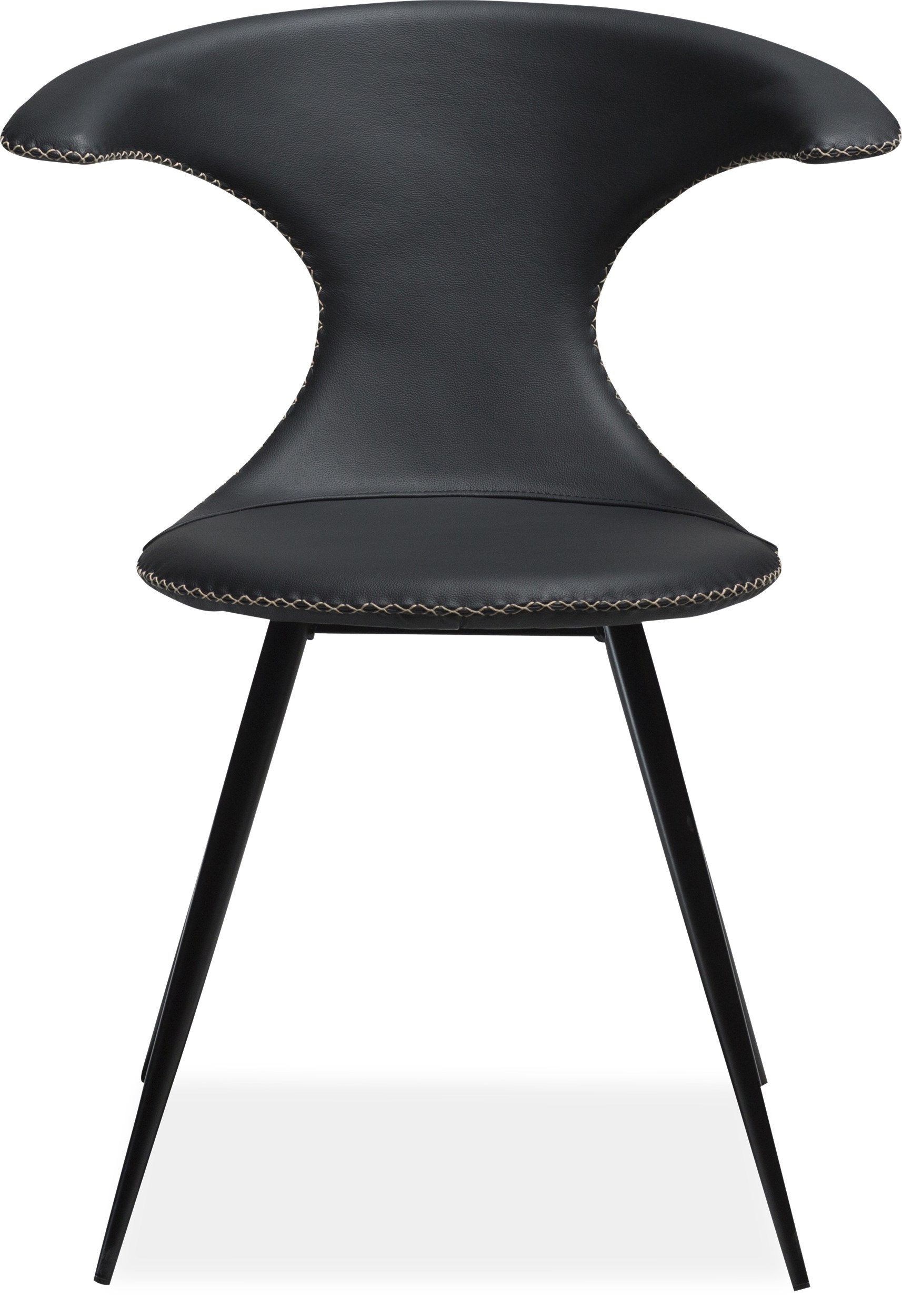 Flaire Spisebordsstol - Sæde i sort læder, med kontrastsyninger og runde ben i sortlakeret metal
