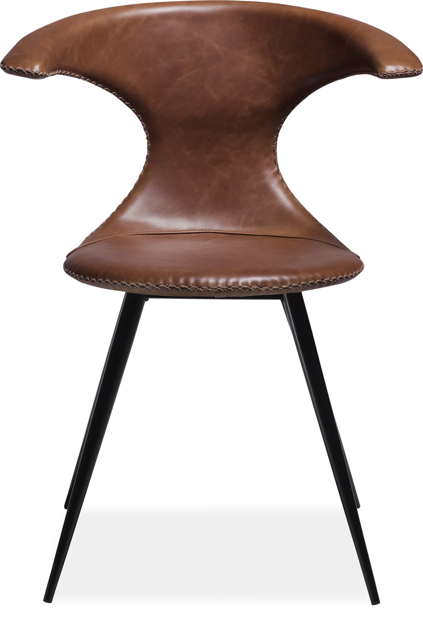 Flaire Spisebordsstol - sæde i lysebrunt læder, med kontrastsyninger og runde ben i sortlakeret metal