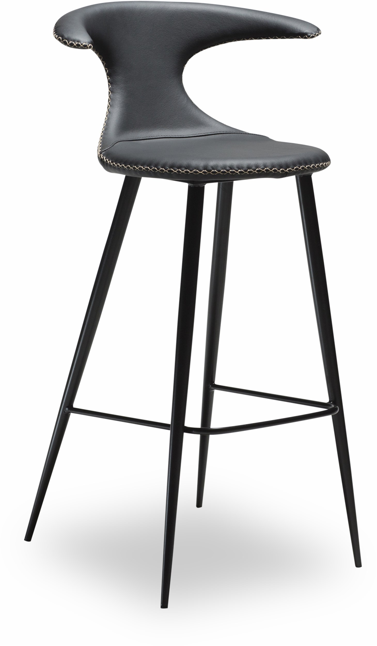 Flaire Counterstol - Sæde i sort læder, med kontrastsyninger og runde ben i sortlakeret metal