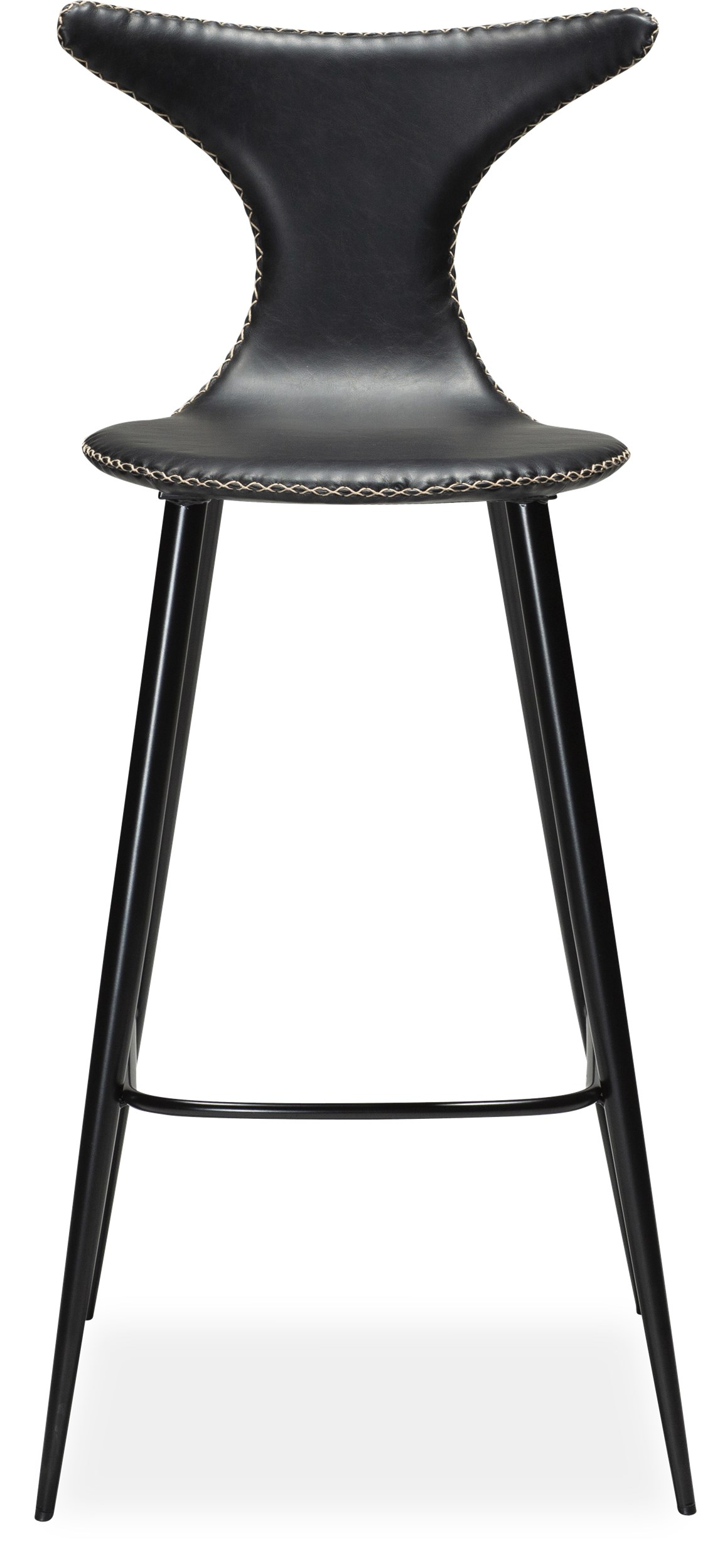 Dolphin Barstol - sæde i sort vintage kunstlæder, med kontrastsyninger og runde ben i sortlakeret metal