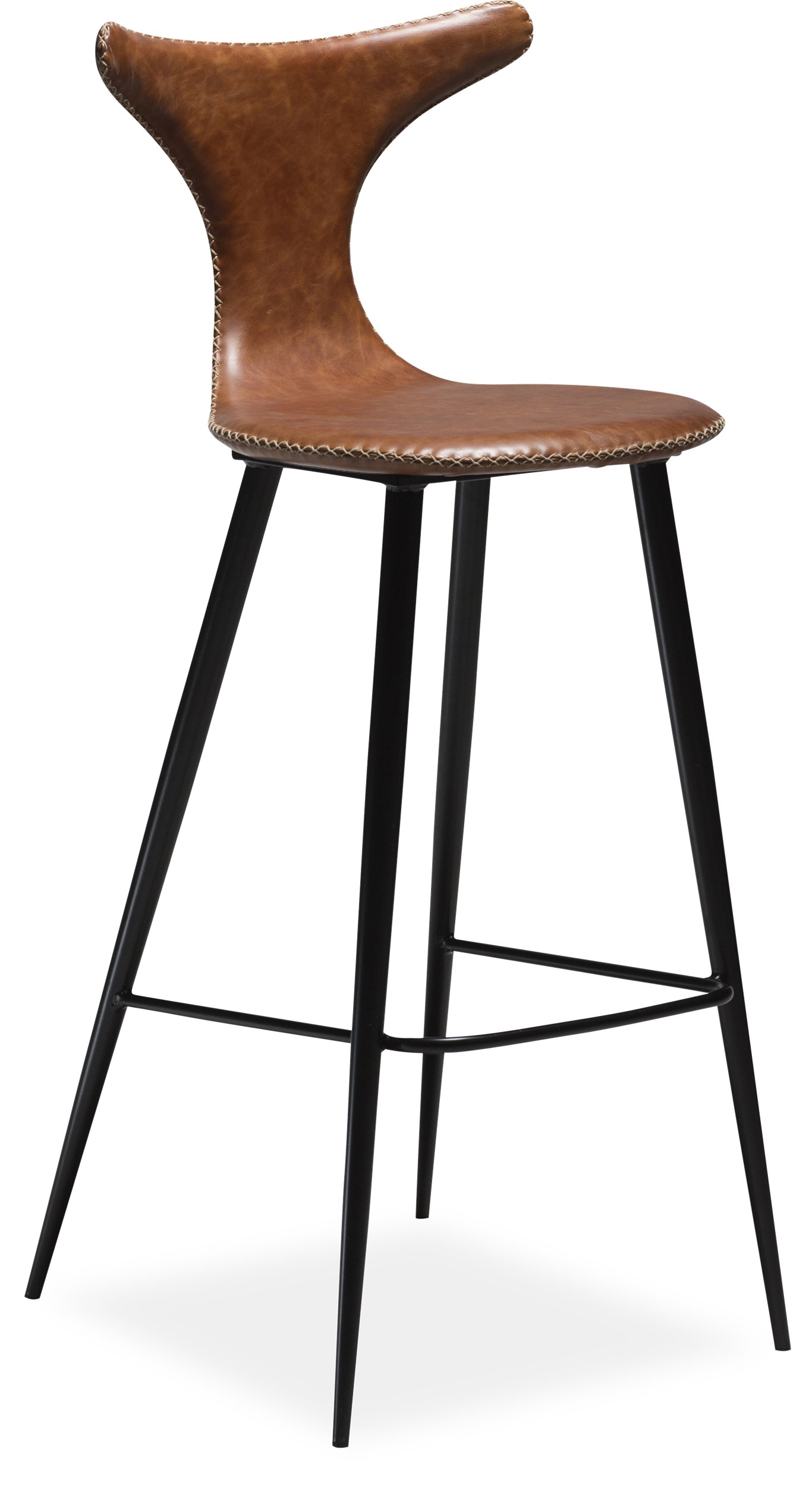 Dolphin Barstol - Sæde i vintage lysebrunt kunstlæder, med kontrastsyninger og runde ben i sortlakeret metal