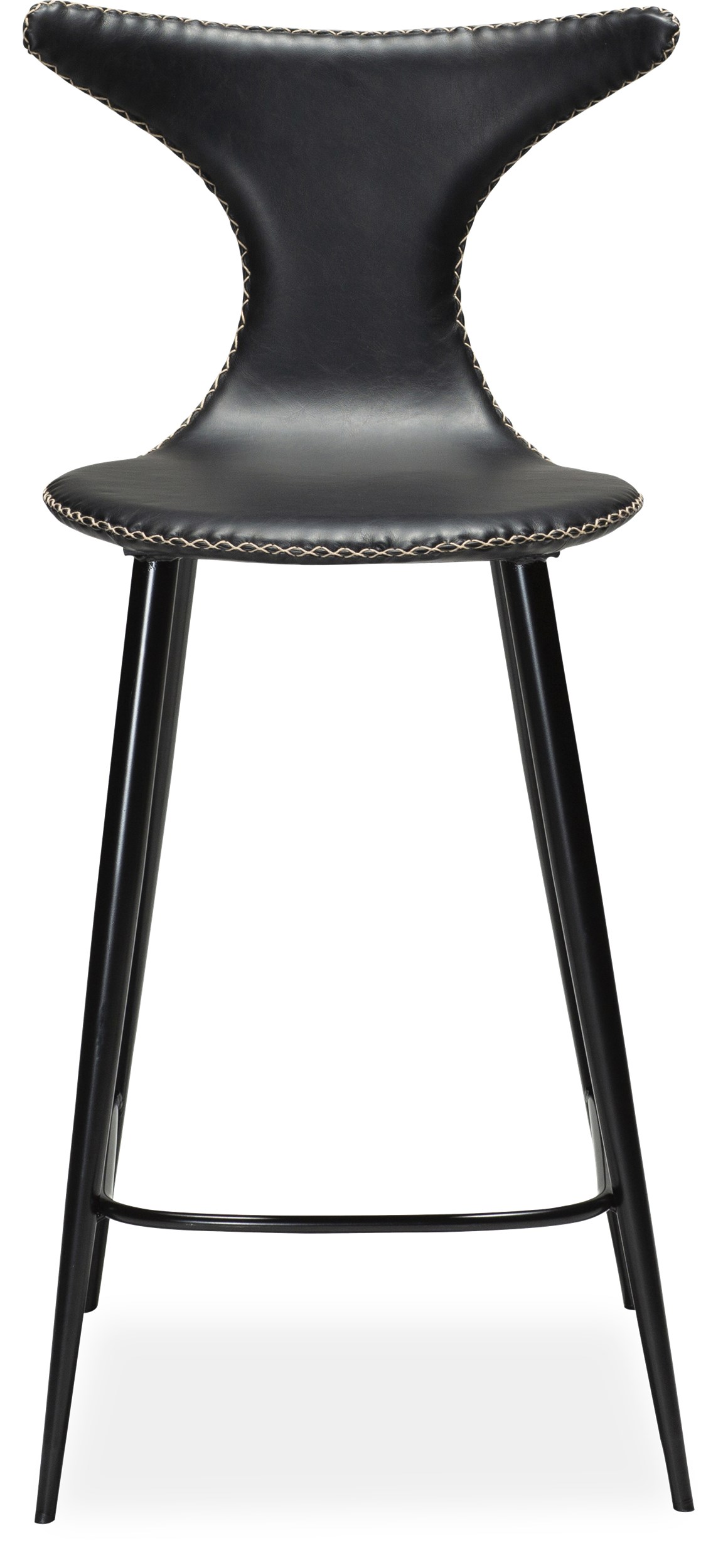 Dolphin Counterstol - sæde i sort vintage kunstlæder, med kontrastsyninger og runde ben i sortlakeret metal