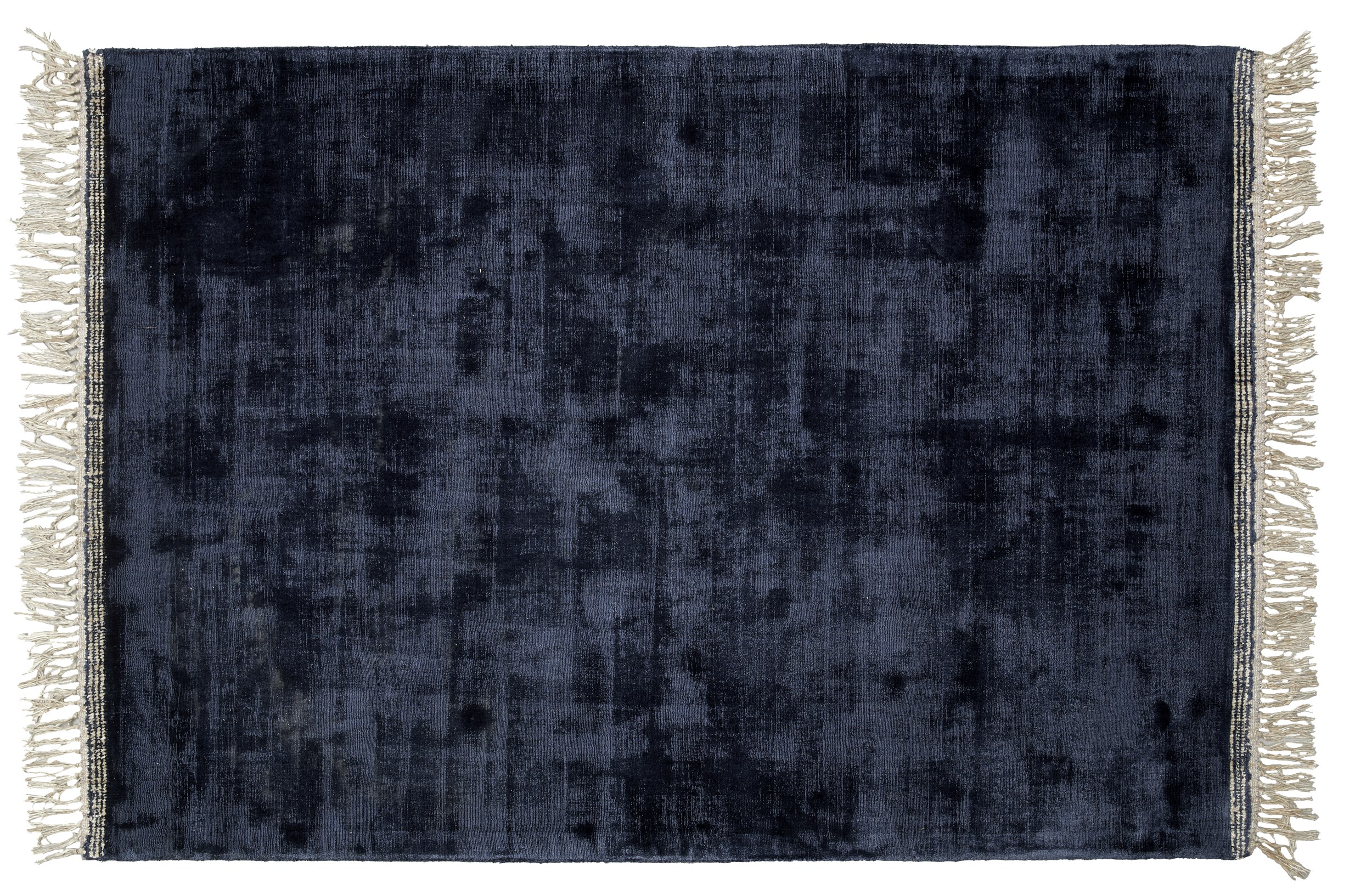 Topaz Tuftet tæppe 140 x 200 cm - Mørkeblå uld/viskose, offwhite kantstriber og offwhite frynser