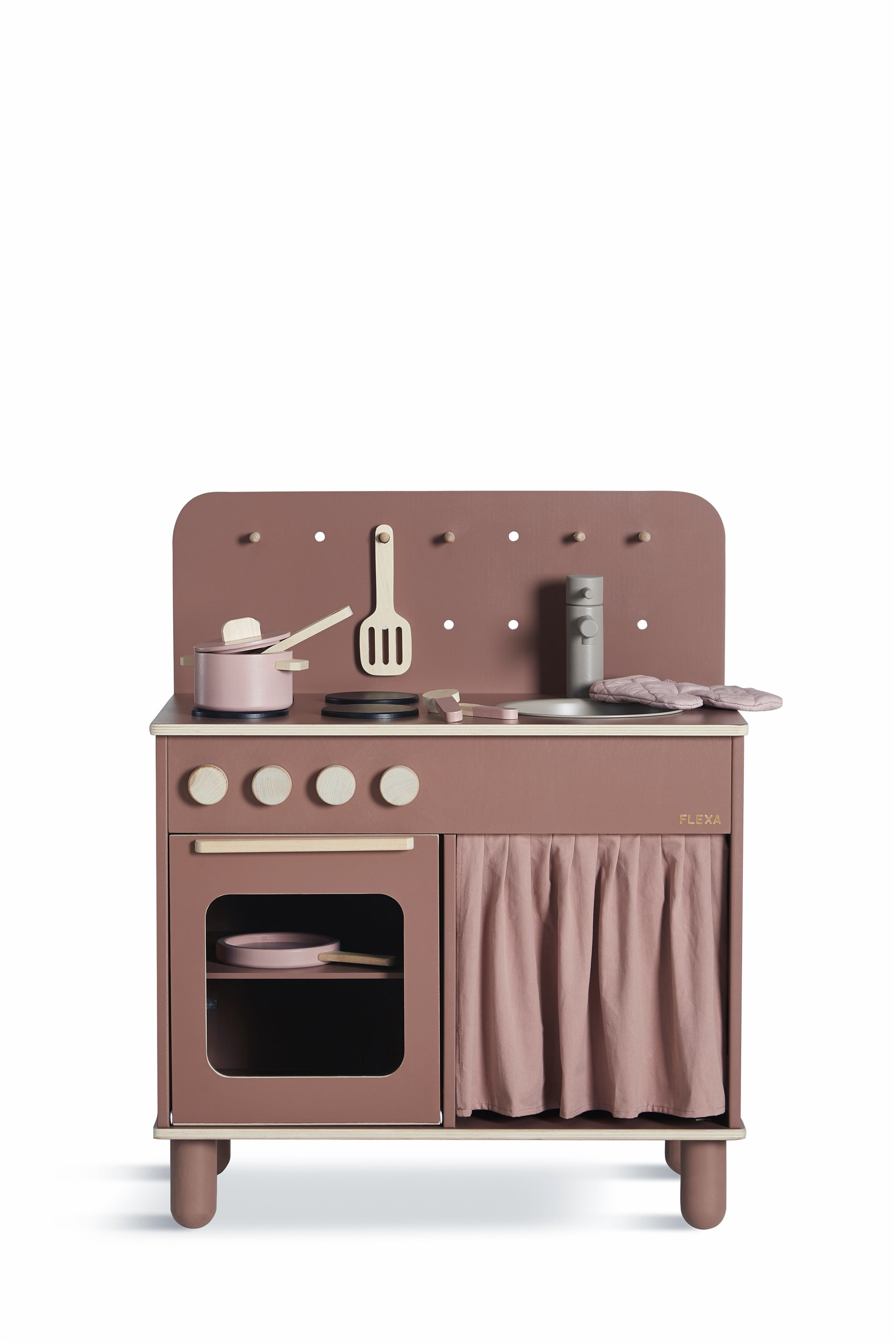 Flexa Play Legekøkken - i malet rosa/lysrosa birk, rosa farvet gardin i bomuld og vask i pulverlakeret stål