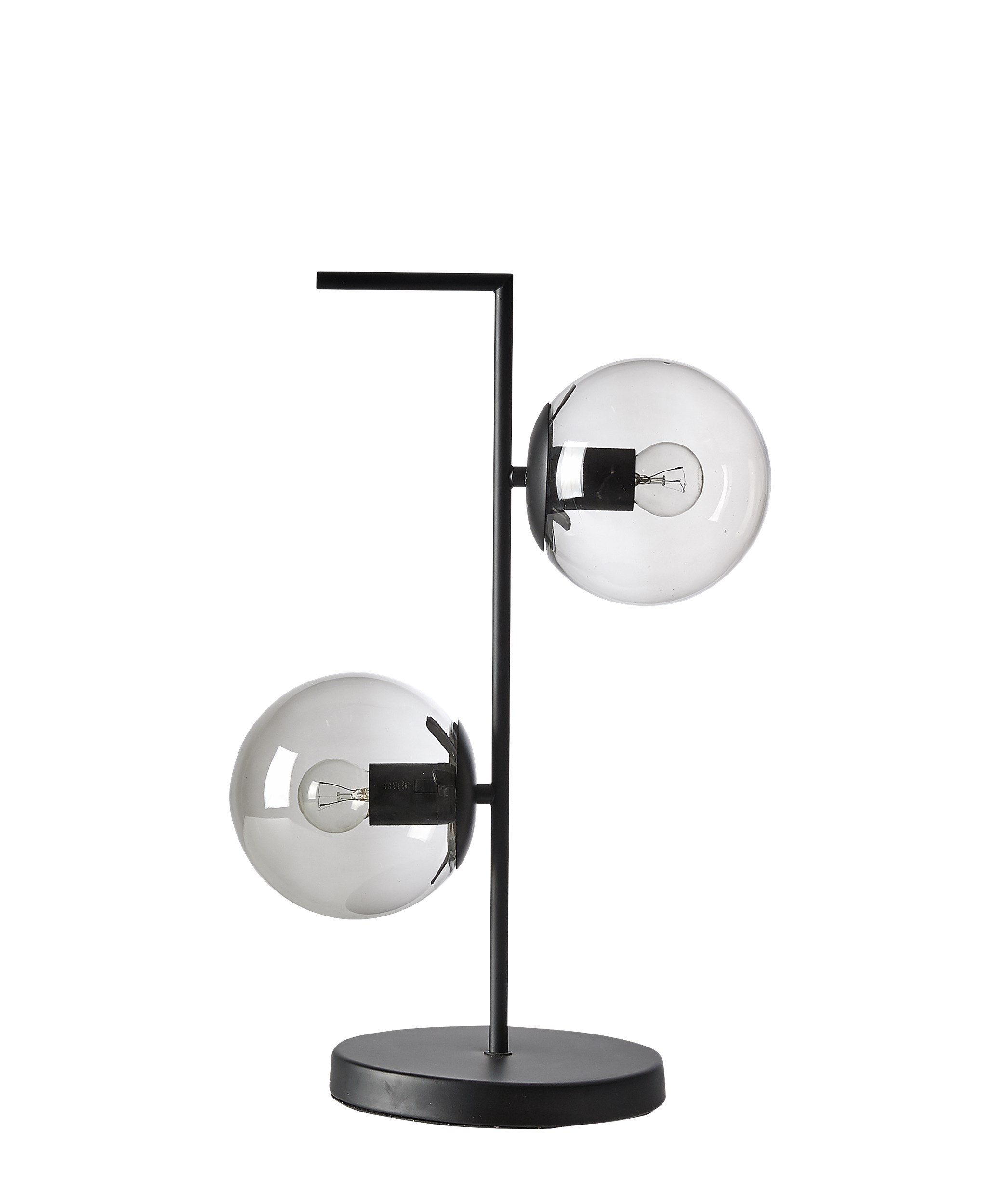 Pearl Bordlampe 48,5 x 35 cm - 2 røgfarvet glasskærme, mat sort metalstel/base og sort tekstilledning