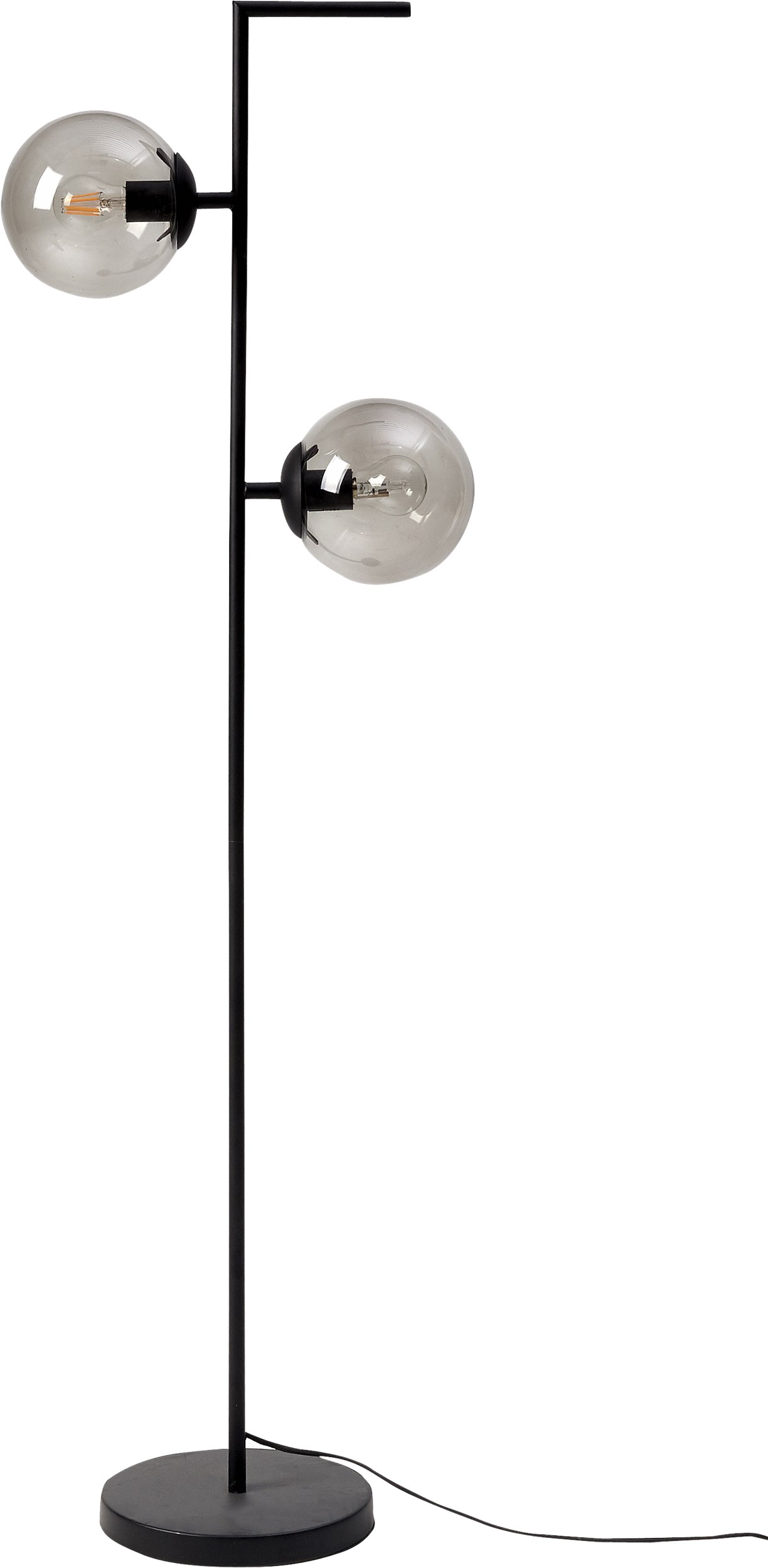 Pearl Gulvlampe 154 x 18 cm - 2 røgfarvet glasskærme, mat sort metalstel/base og sort tekstilledning