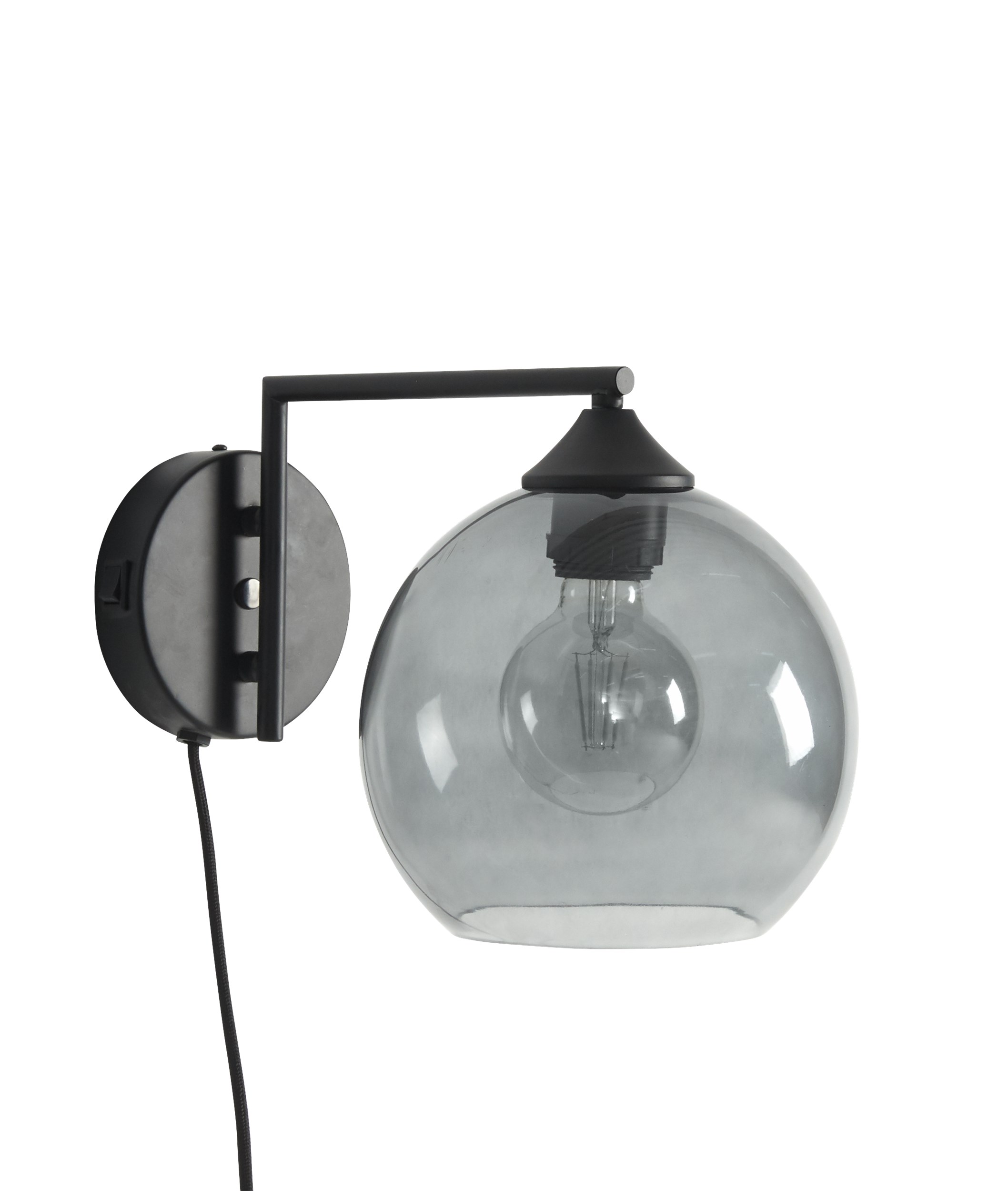 Como Væglampe 33,5 x 21,7 cm - Røgfarvet glasskærm, mat sort metalarm og base og sort tekstilledning