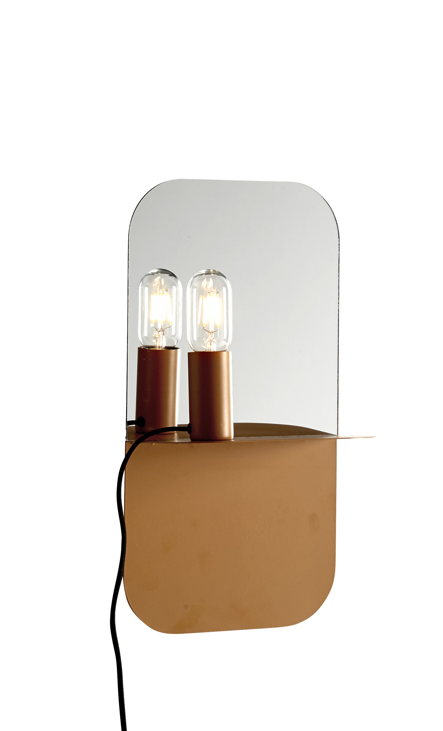 Plate Væglampe 24 x 45 x 12 cm - Mat gul metal med hylde og spejl, Magnetisk flytbar fatning og sort tekstilledning