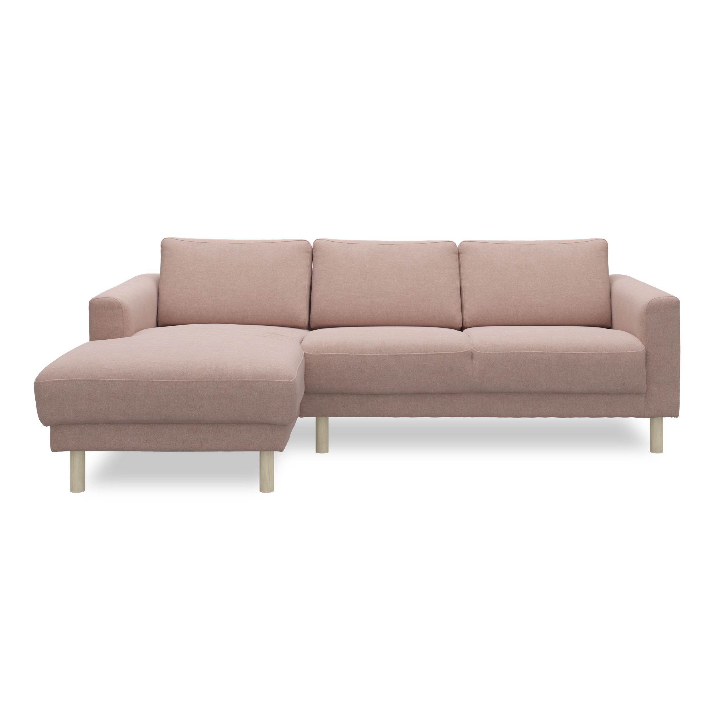 Cleveland Sofa med chaiselong - Soft 452 Rose stof, Ben i hvidolieret fyrretræ og sæde i polyetherskum, ryg i polyetherskum