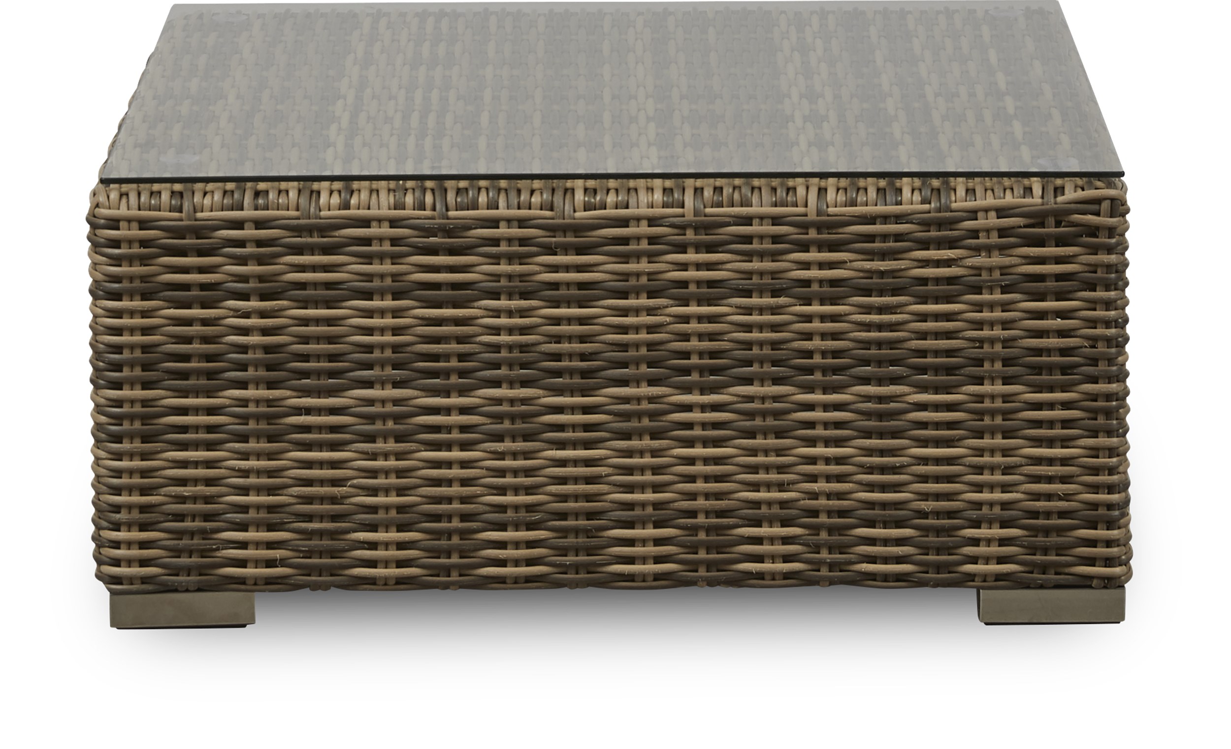 Calvi Loungebord 70 x 70 x 30 cm - Naturfarvet 6mm halvrund polyrattan, Stel i aluminium, ben i plast og rustfrit stål og Inkl. glasplade og offwhite polyester hynde