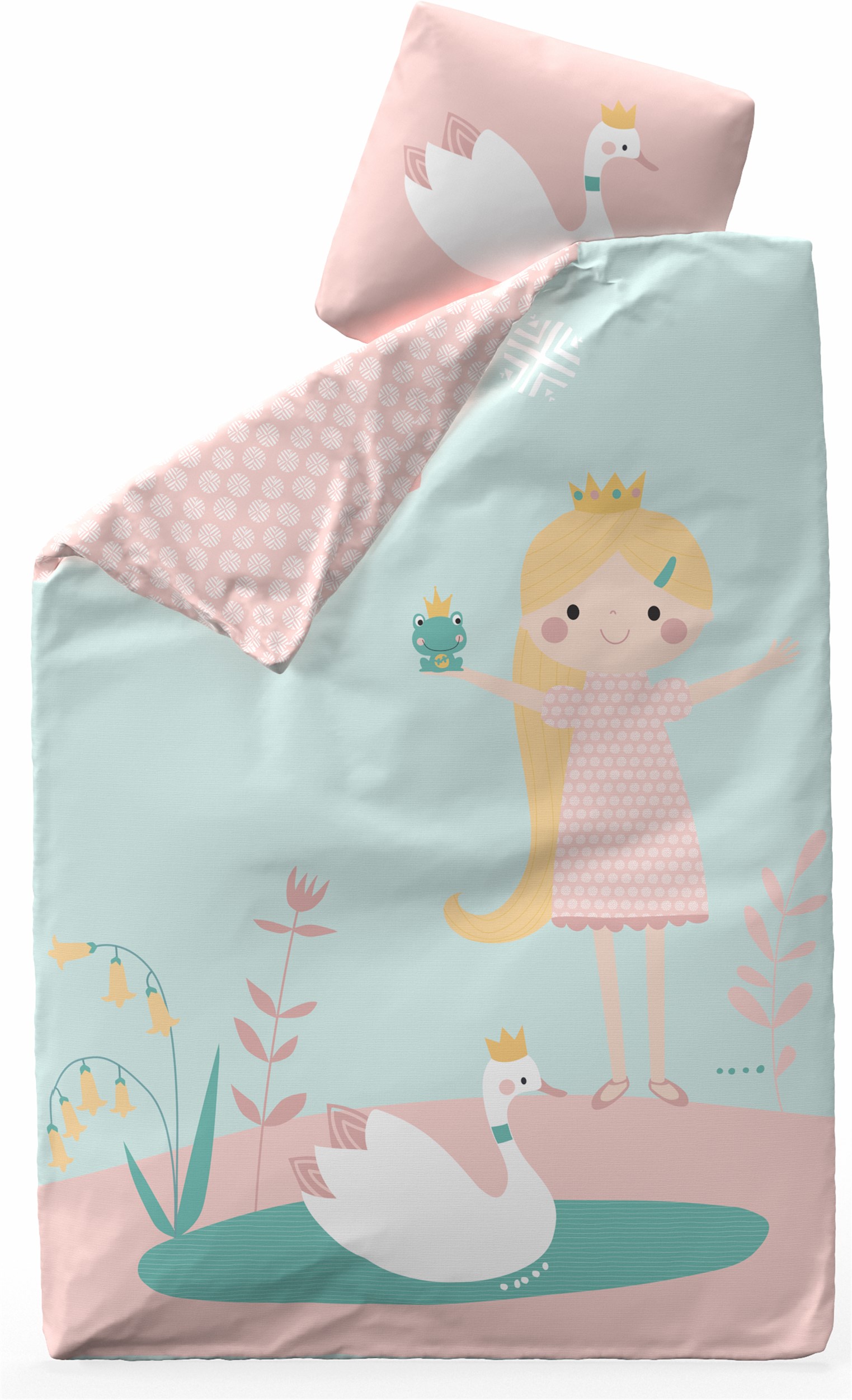 Flexa Classic Sengetøj 140 x 200 cm - Mintgrøn/lyserød bomuldssatin og little princess tema