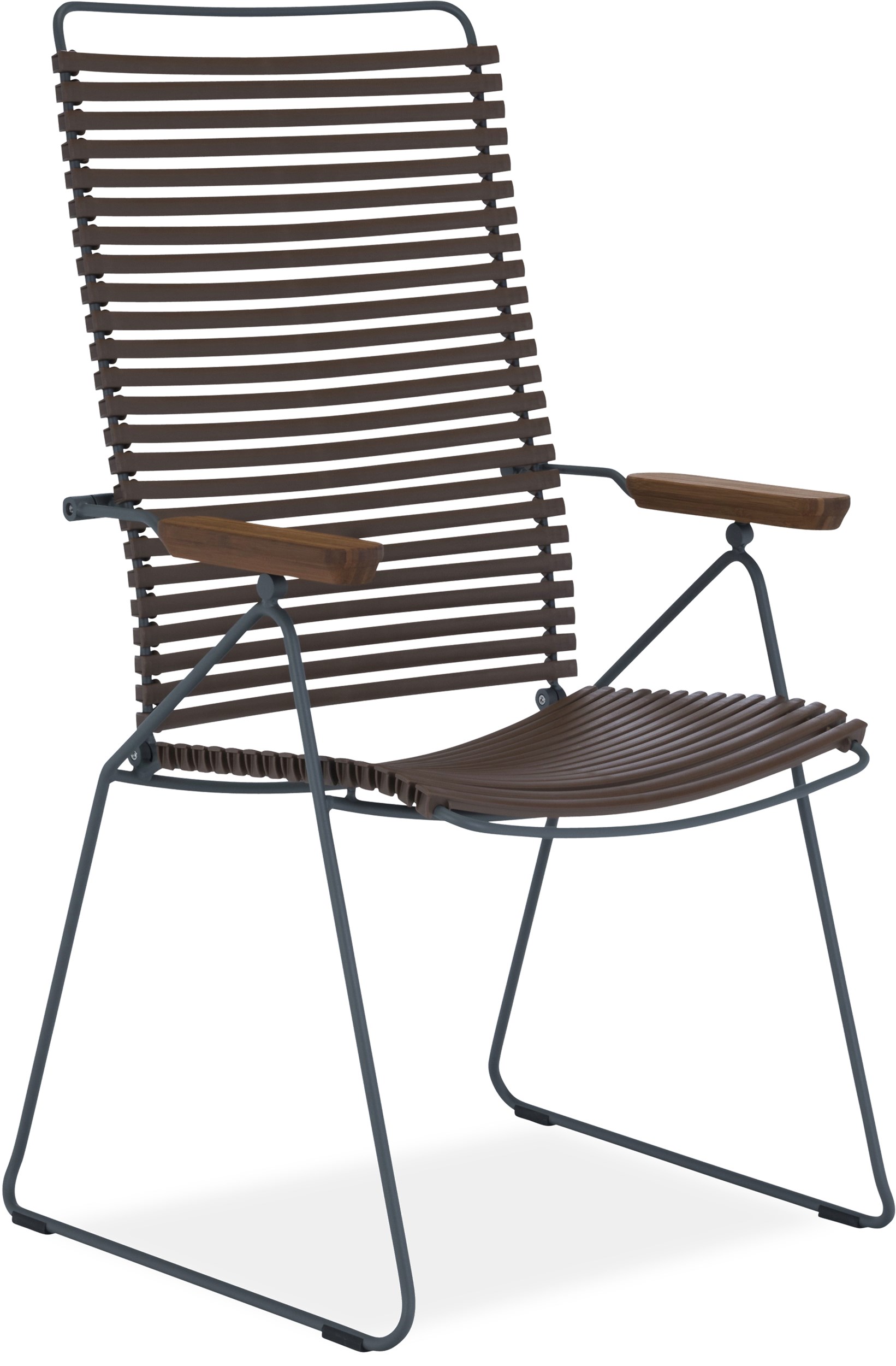 Click Positionsstol - Mørk brun plastlameller fv. 67, stel i stålgrå metal og bambus armlæn