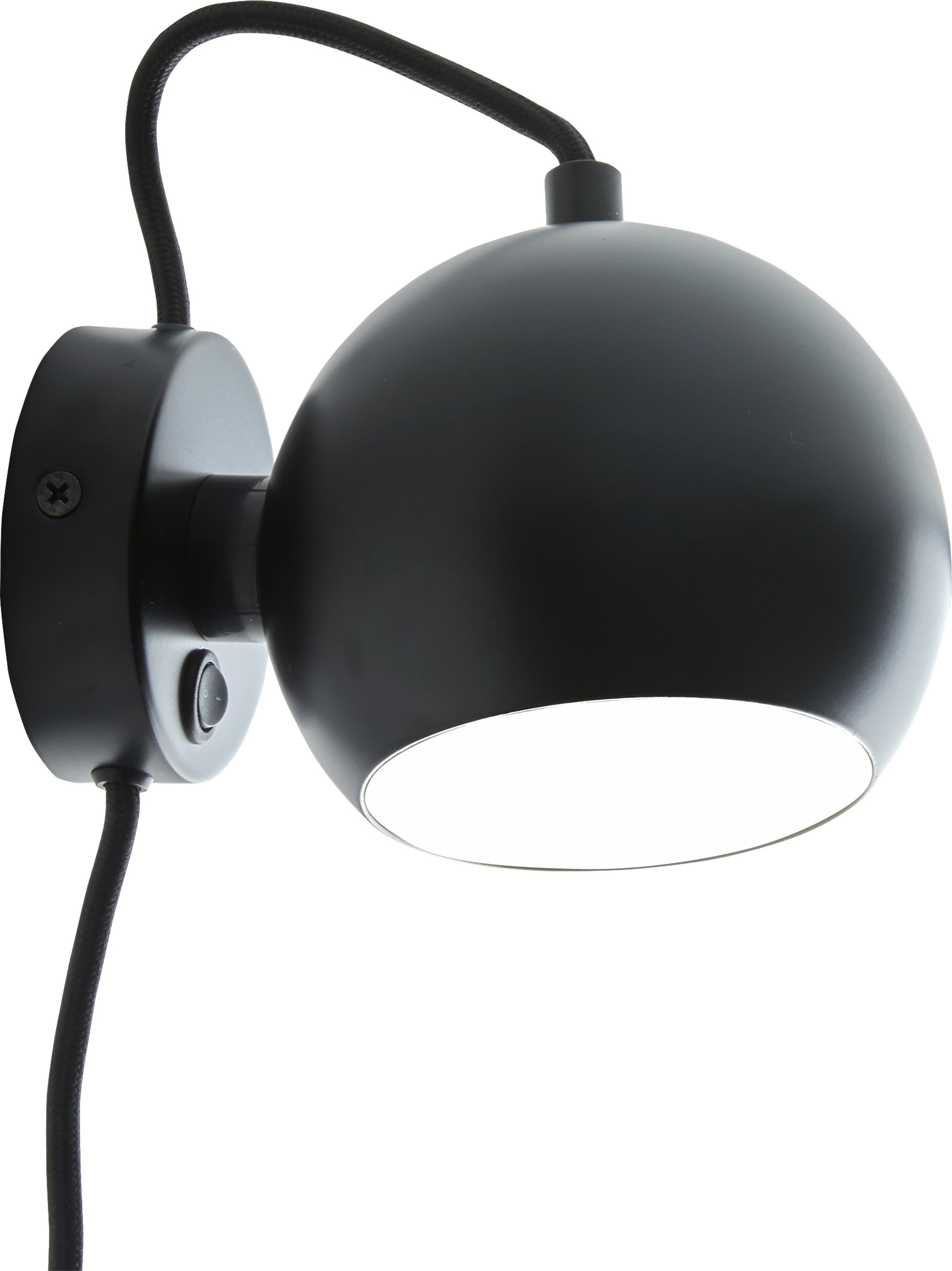 Ball Væglampe 12 cm - Mat sort metalskærm, sort tekstilledning og med afbryder på base