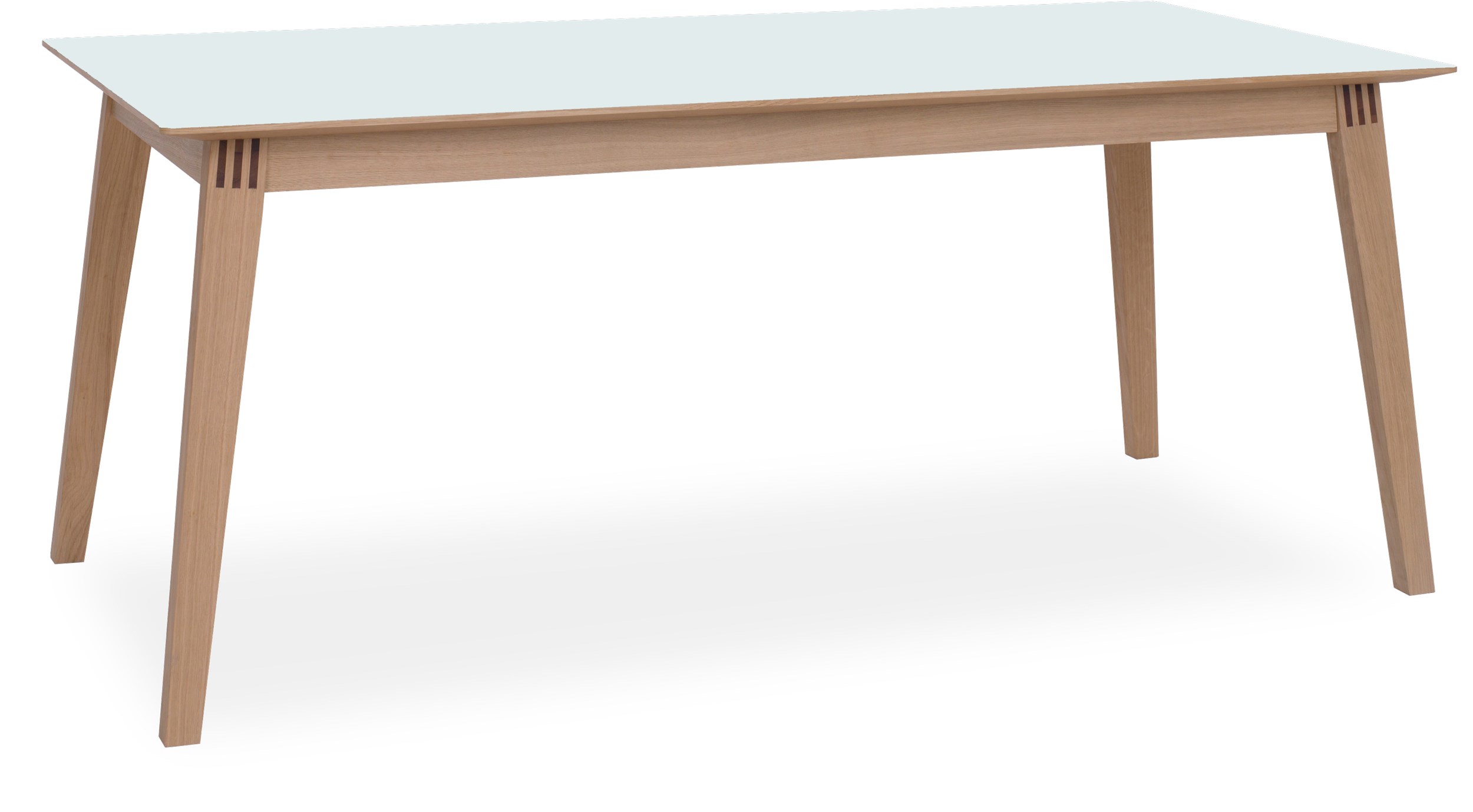 Space Spisebord 180 x 90 x 75 cm - 107 Aquamarine højtrykslaminat, kant i hvidpigmenteret matlakeret eg og ben i massiv hvidpigmenteret matlakeret eg.