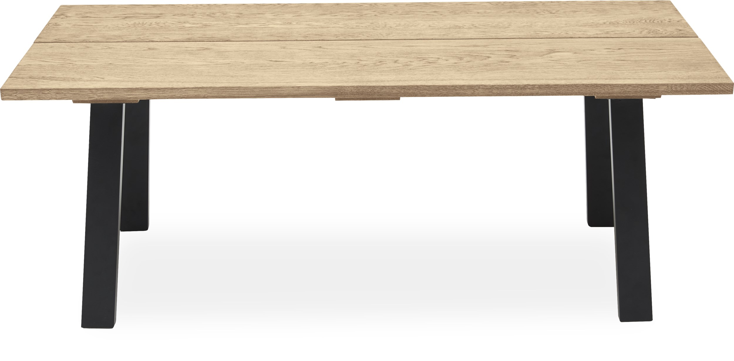 Real Sofabord 130 x 45 x 70 cm - Massiv hvidolieret eg, 2 planker med skrå kant og ben i sort pulverlakeret metal