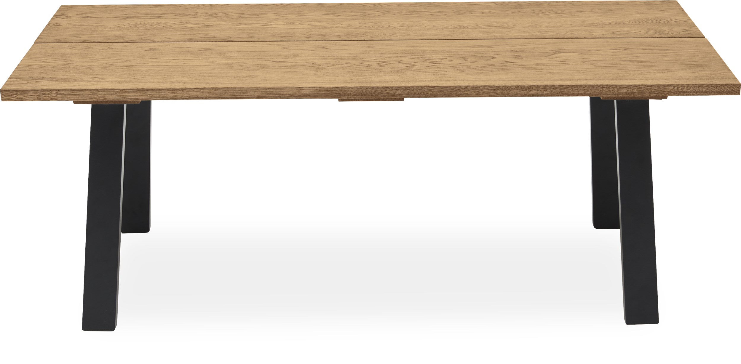 Real Sofabord 130 x 45 x 70 cm - Massiv naturolieret eg, 2 planker med skrå kant og ben i sort pulverlakeret metal