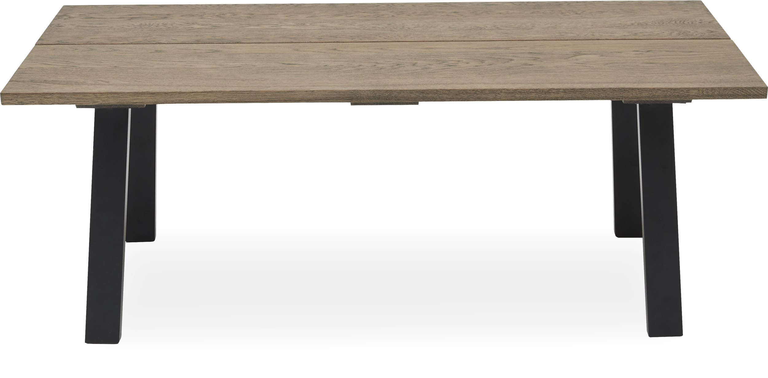 Real Sofabord 130 x 45 x 70 cm - massiv mørk gråolieret eg, 2 planker med skrå kant og ben i sort pulverlakeret metal