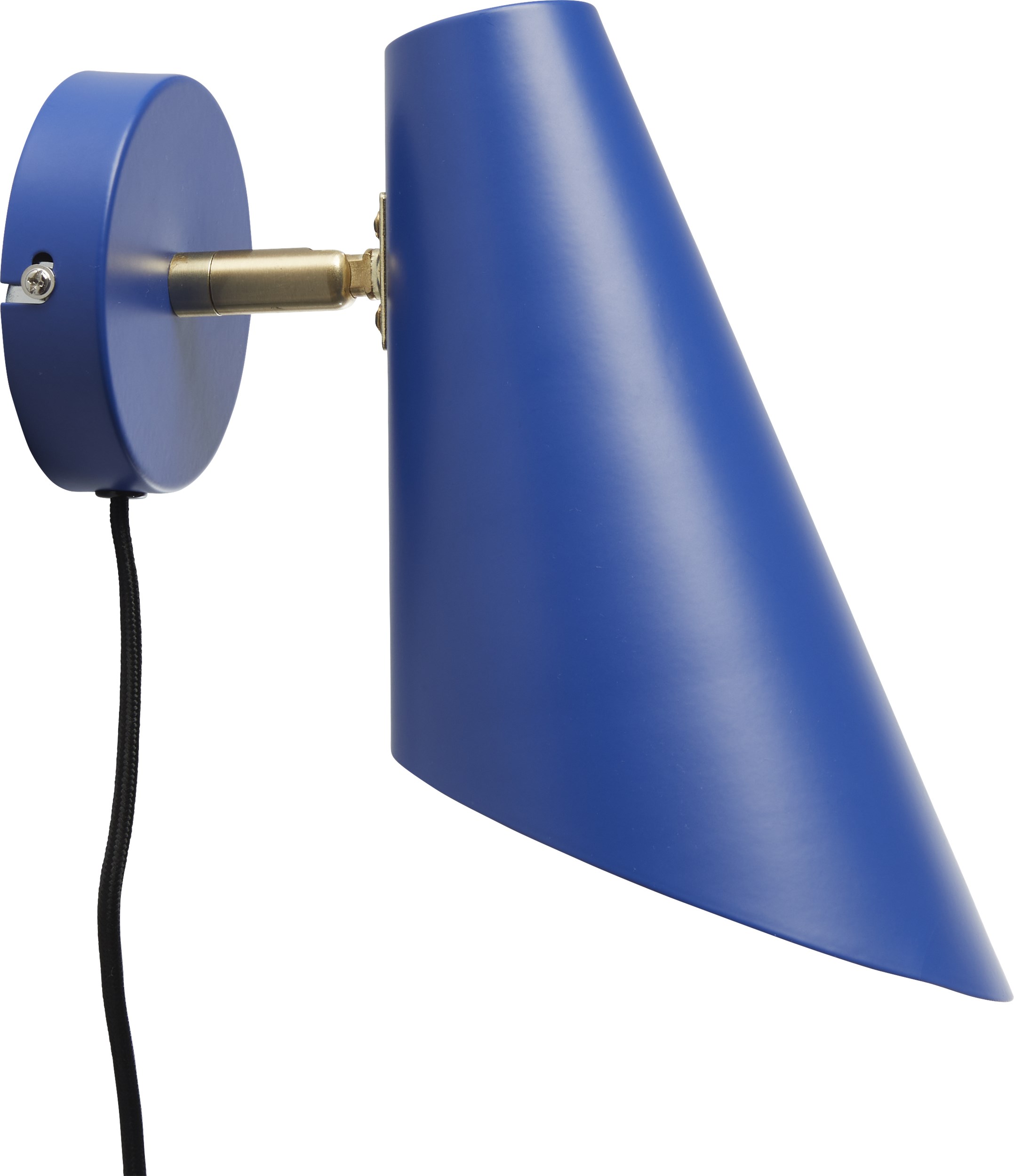Cale Væglampe 24,5 x 24,5 cm - Bold Blue metalskærm/base, arm i Bold Blue/messing og sort tekstilledning