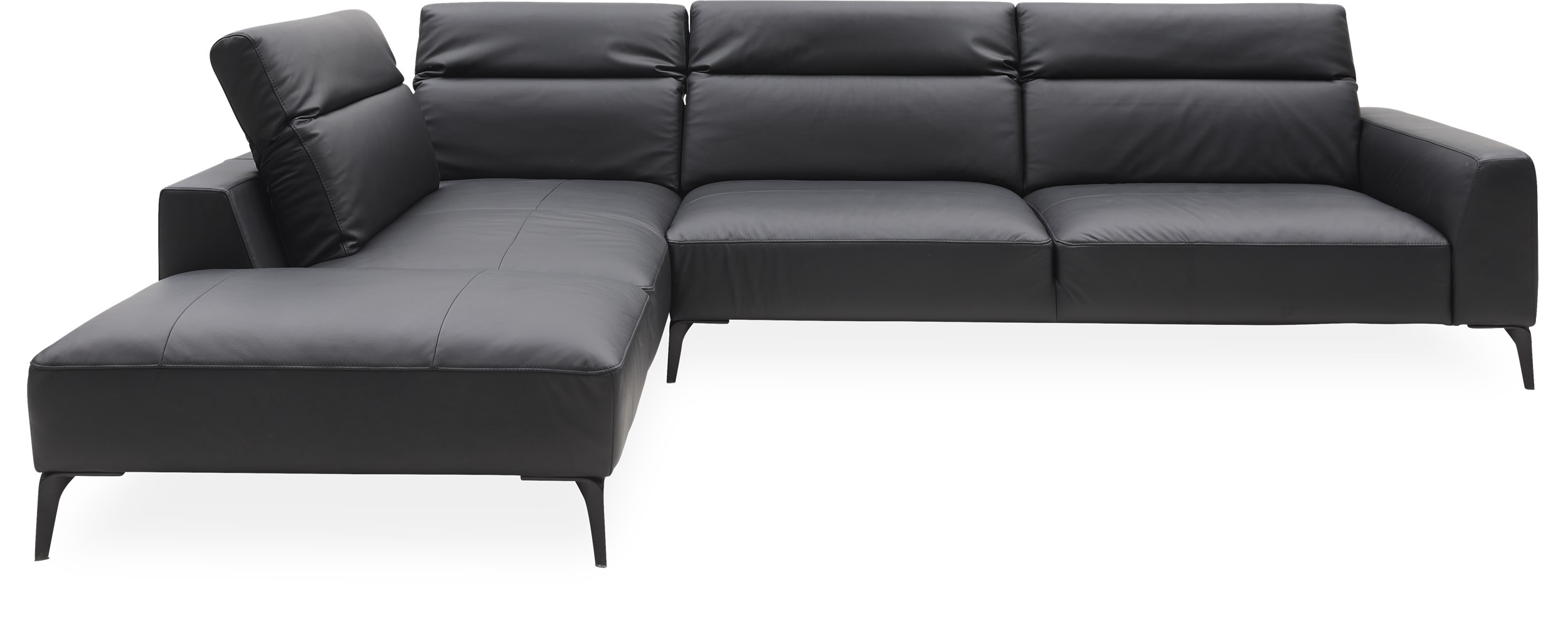 Volanti Sofa med pufafslutning - Omaha 0730 Ink jet black læder, ben i sort metal og Koldskum