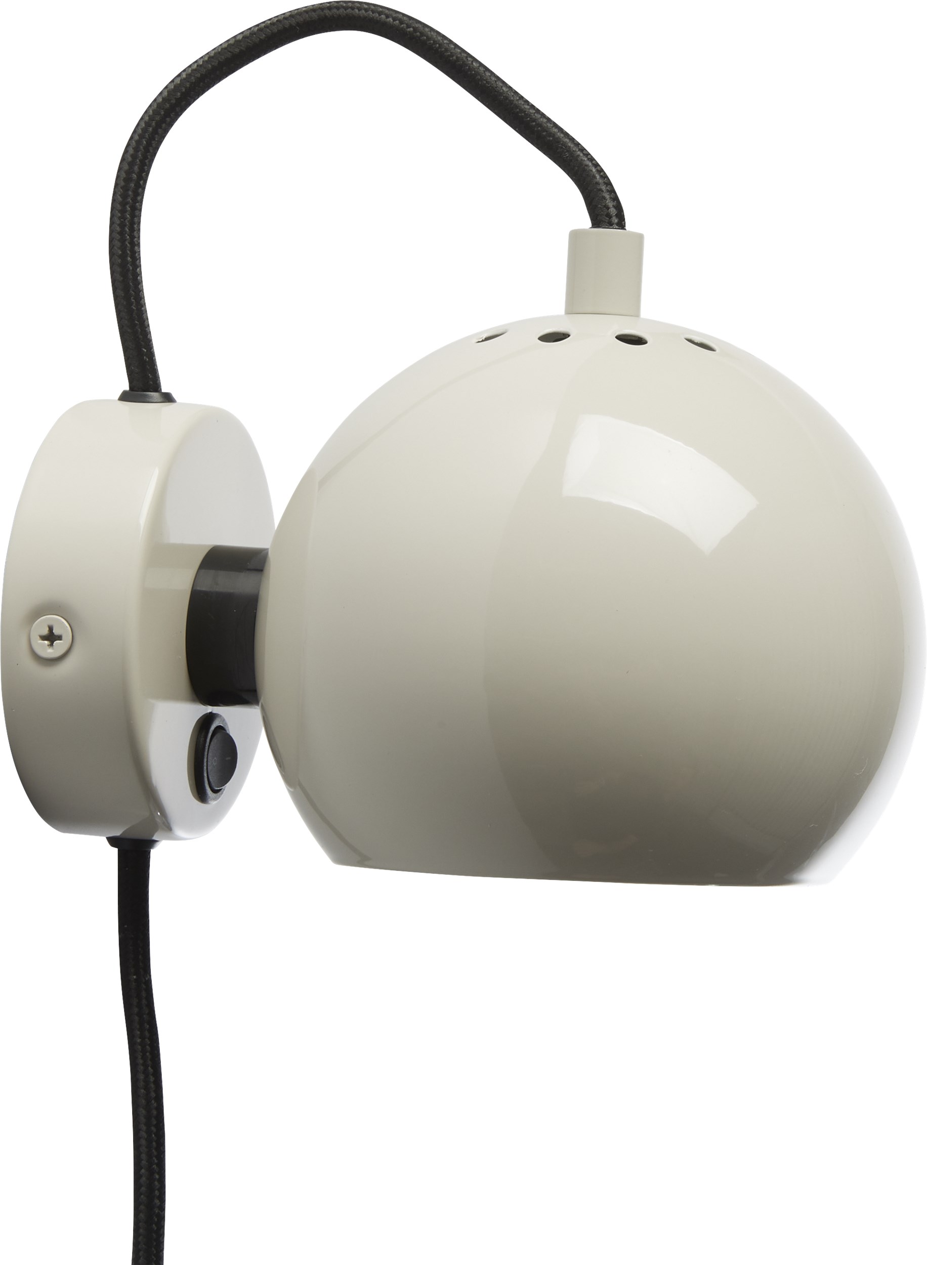 Ball Væglampe 12 cm - Pale grey glossy, sort tekstilledning og med afbryder på base