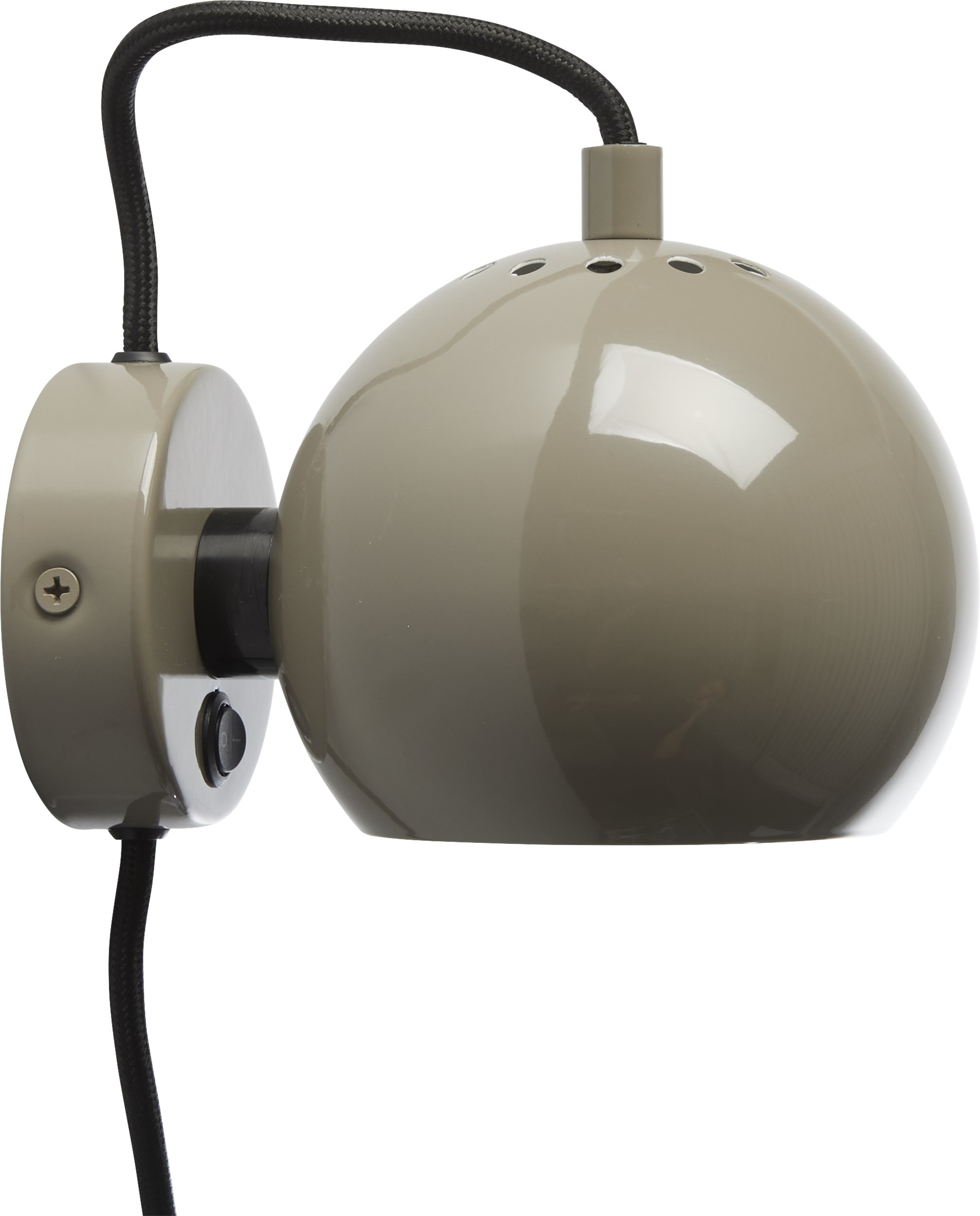 Ball Væglampe 12 cm - Warm grey glossy, sort tekstilledning og med afbryder på base