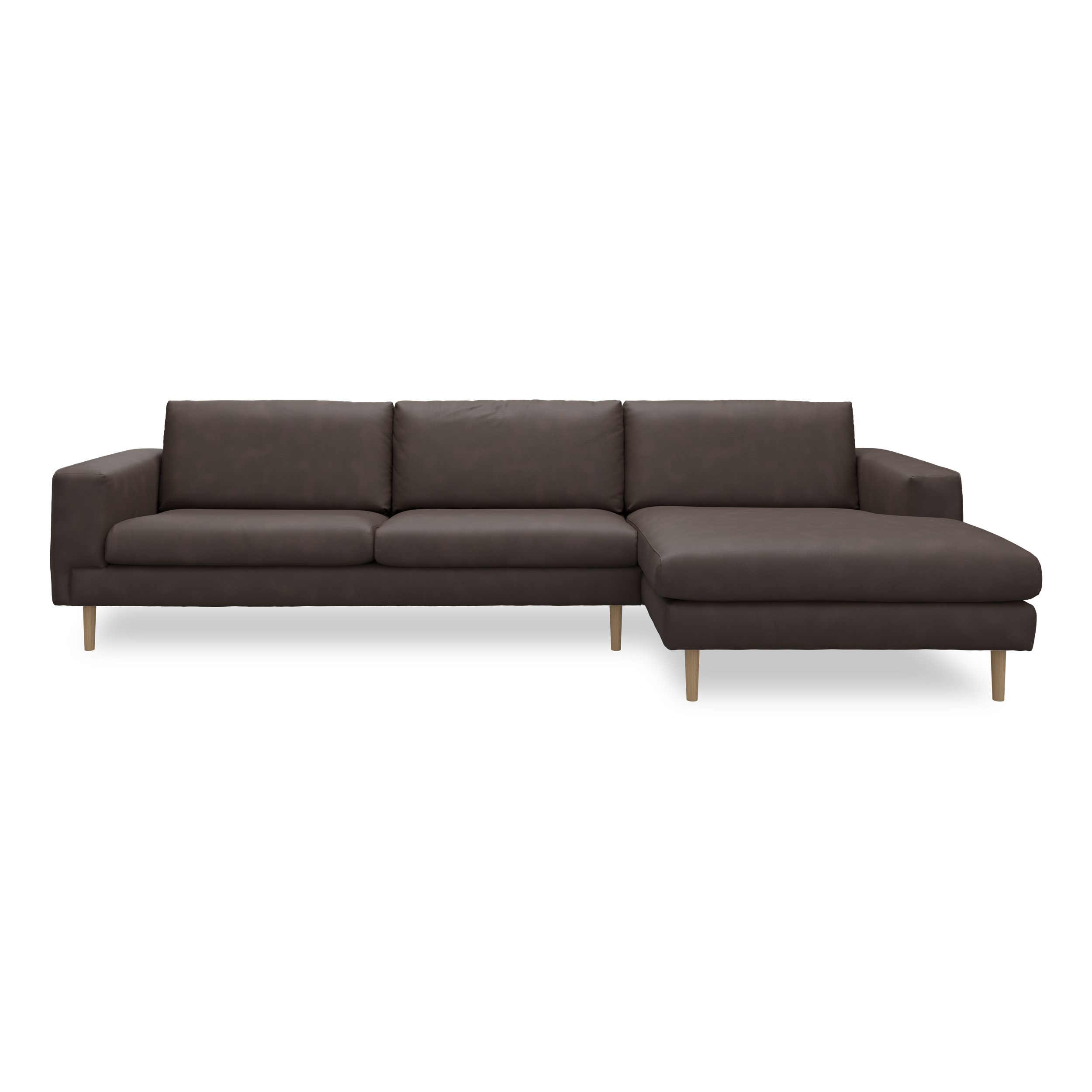 Nyland højrevendt sofa med chaiselong - Kentucky 1 earth bonded læder, Ben no. 141 i lakeret massiv eg og S: Pocketfjedre/koldskum R: Koldskum med fiberfyld