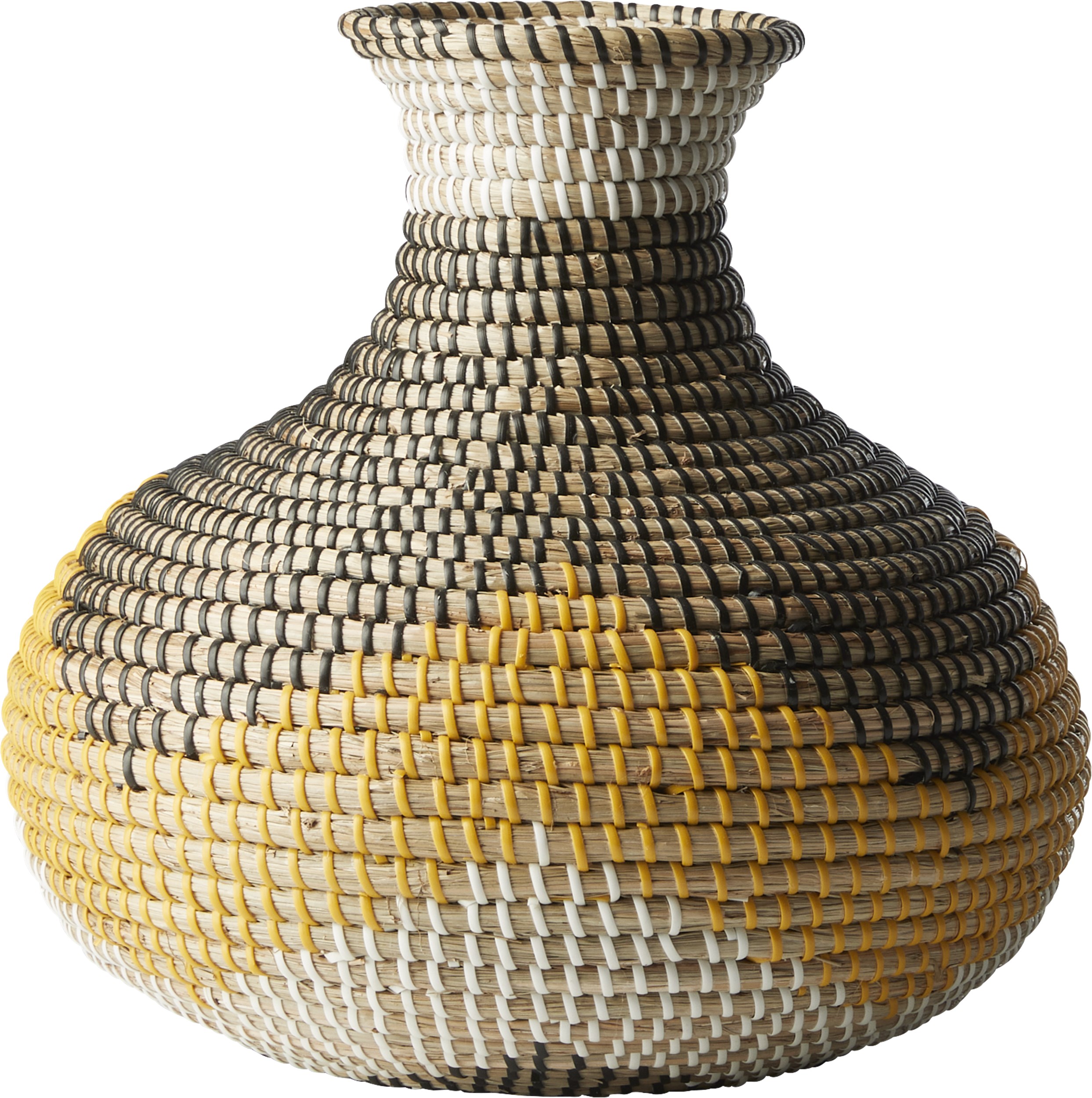 Krokus Vase 35 x 35 cm - Naturfarvet søgræs og Med hvid, sort og gul flet