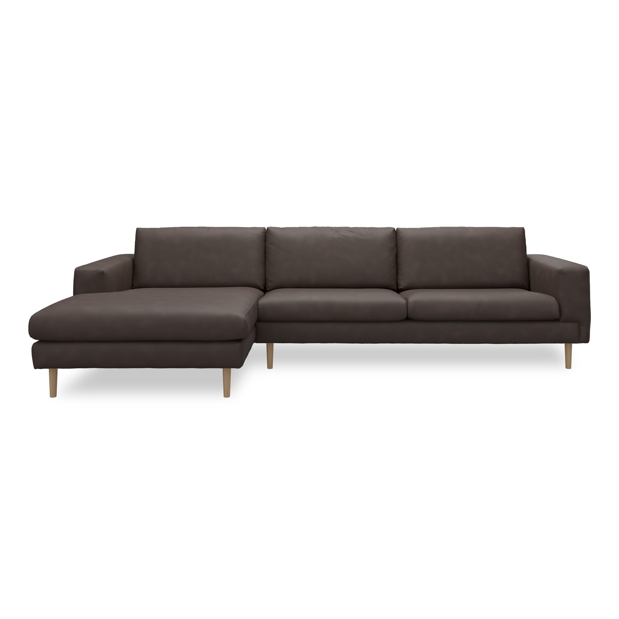 Nyland venstrevendt sofa med chaiselong - Kentucky 1 earth bonded læder, Ben no. 141 i lakeret massiv eg og S: Pocketfjedre/koldskum R: Koldskum med fiberfyld
