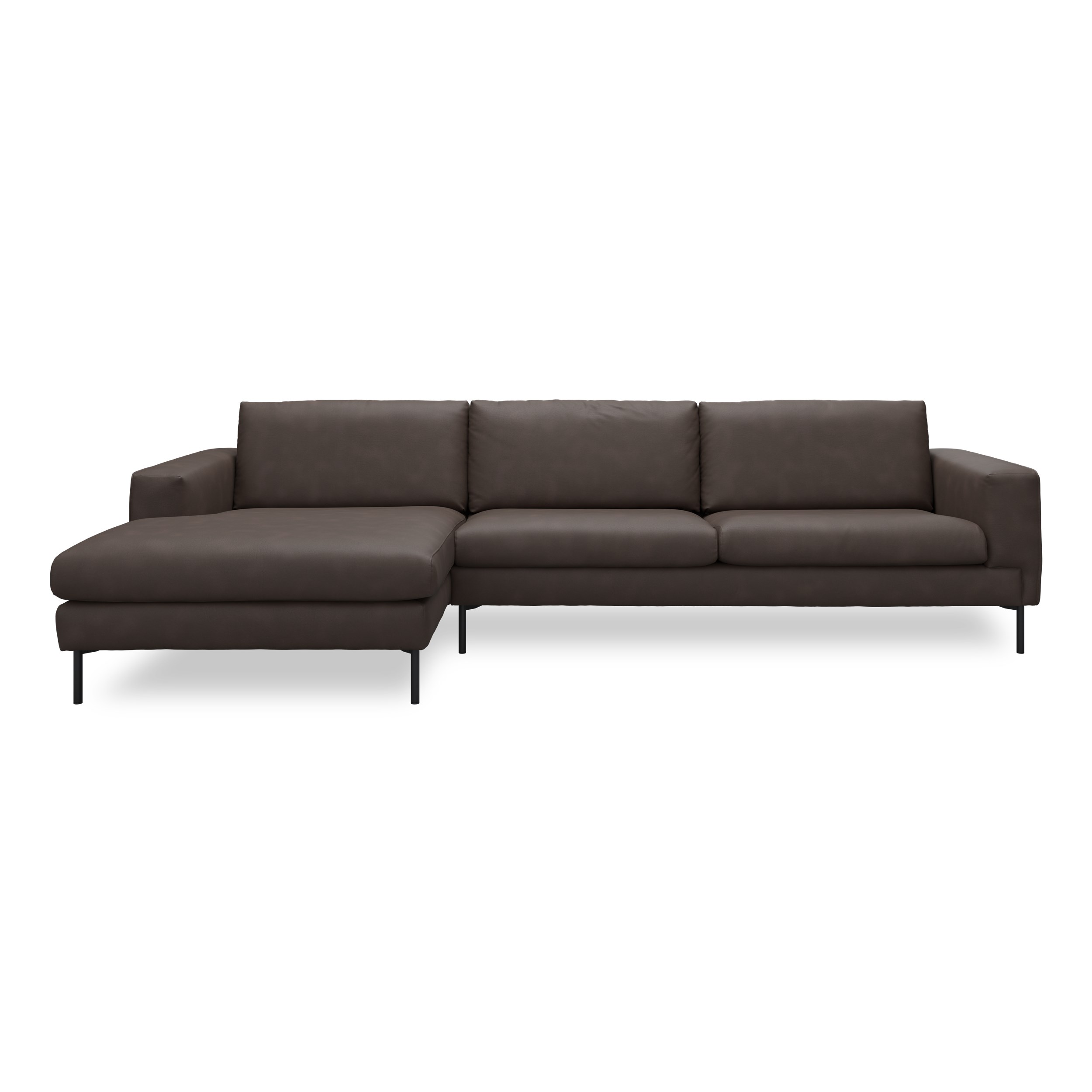 Nyland venstrevendt sofa med chaiselong - Kentucky 1 earth bonded læder, Ben no. 145 i sortlakeret metal og S: Pocketfjedre/koldskum R: Koldskum med fiberfyld