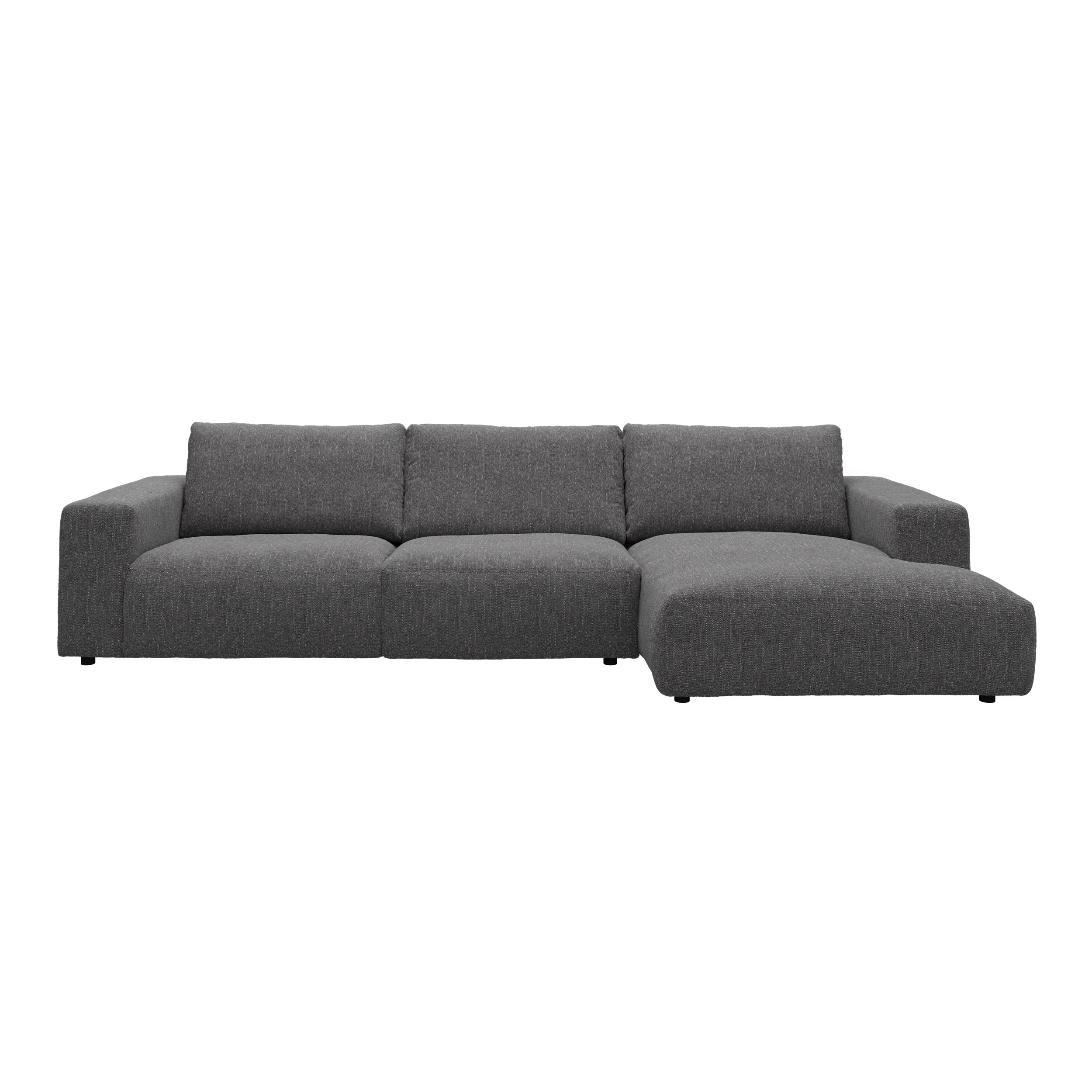 Harlow Sofa med chaiselong - Yelda Grey stof, ben i sort plast og S:PURskum på sinusfjedre m.fiber/silikone mix R:Dun/skum mix