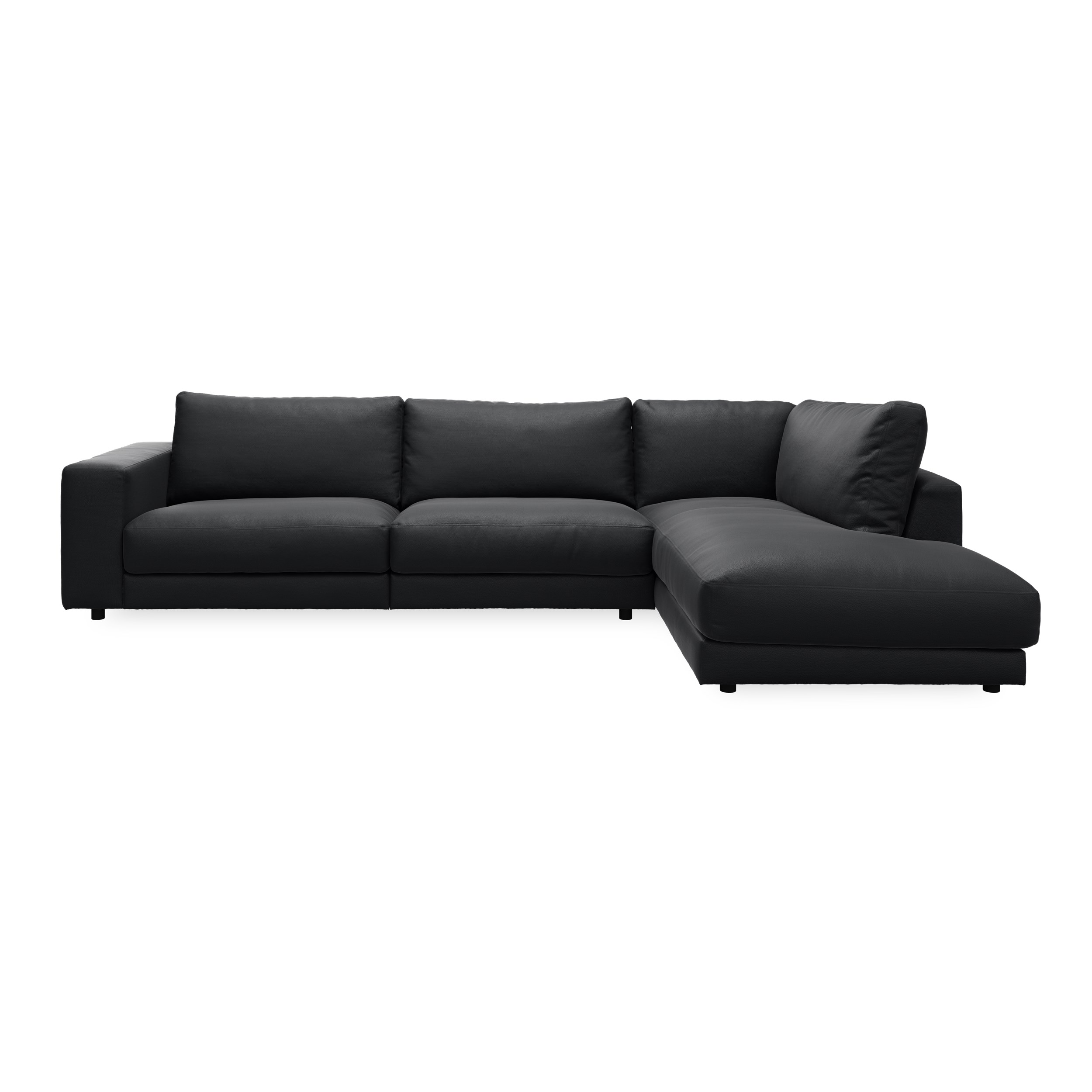 Bennent Sofa med pufafslutning - Life-Line Black læder, ben i sort plast og S:PURskum på sinusfjedre m.fiber/silikone mix R:Dun/skum mix