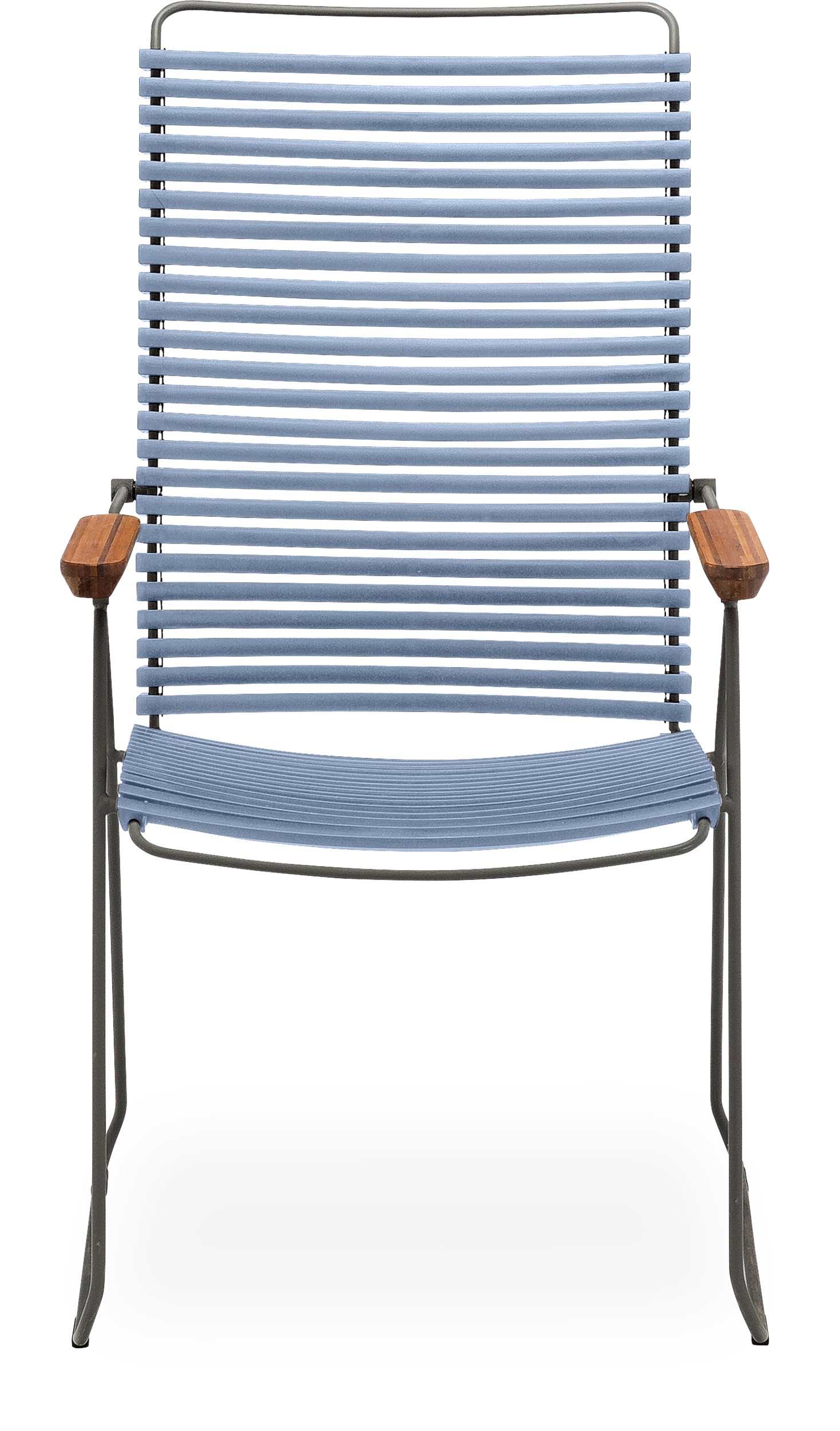 Click Positionsstol - Støvet blå plastlameller fv 82, stel i stålgrå metal og bambus armlæn