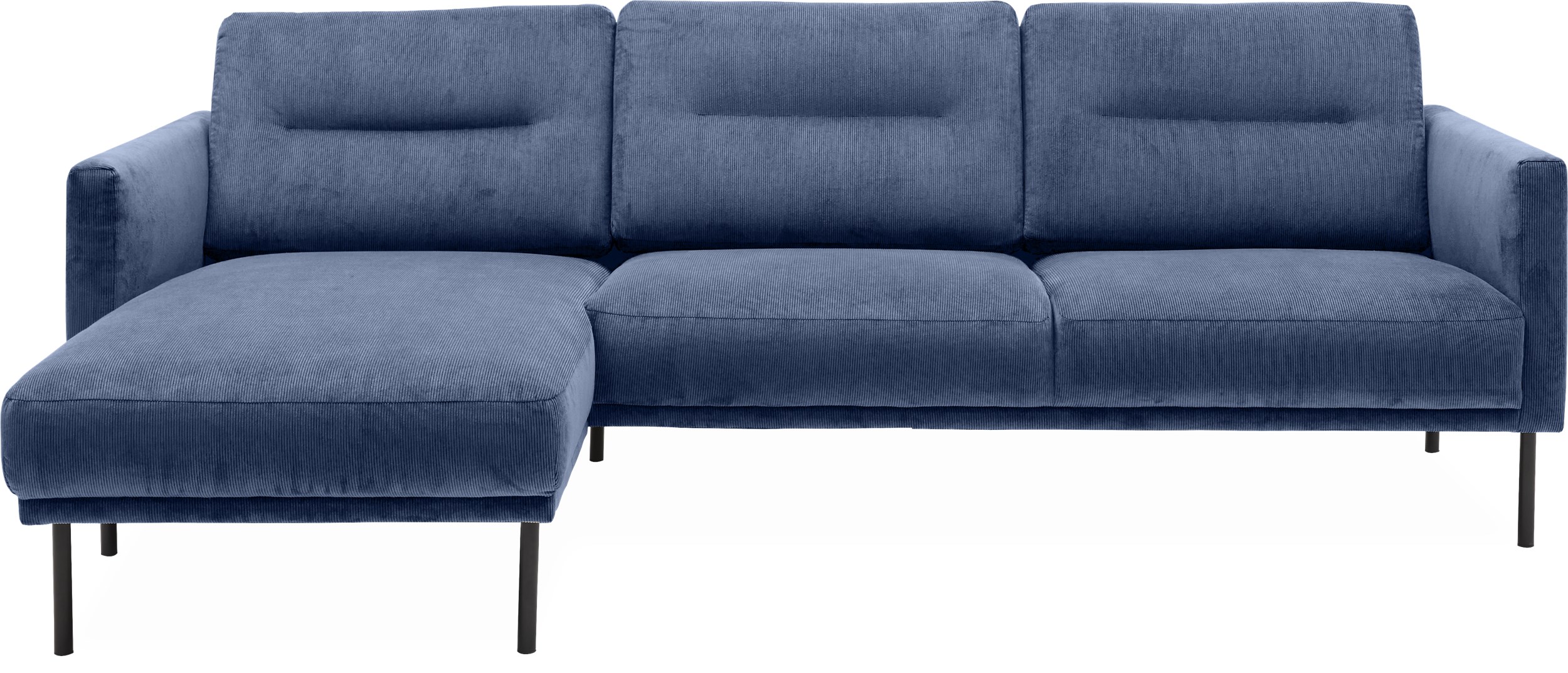 Larvik venstrevendt sofa med chaiselong - Wave 220 Royal blue stof og ben i sortlakeret metal