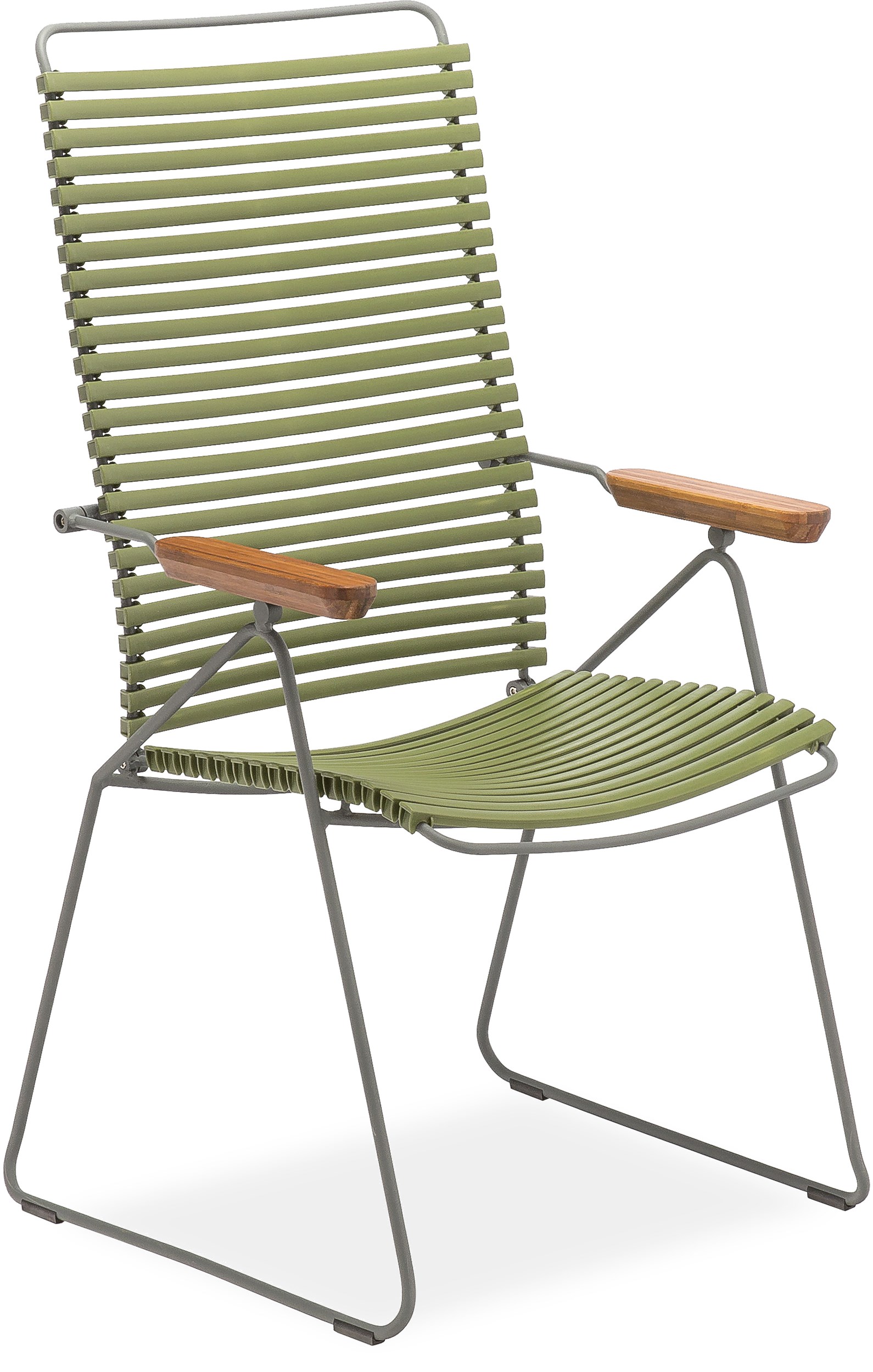 Click Positionsstol - Oliven grøn plastlameller fv 71, stel i stålgrå metal og bambus armlæn