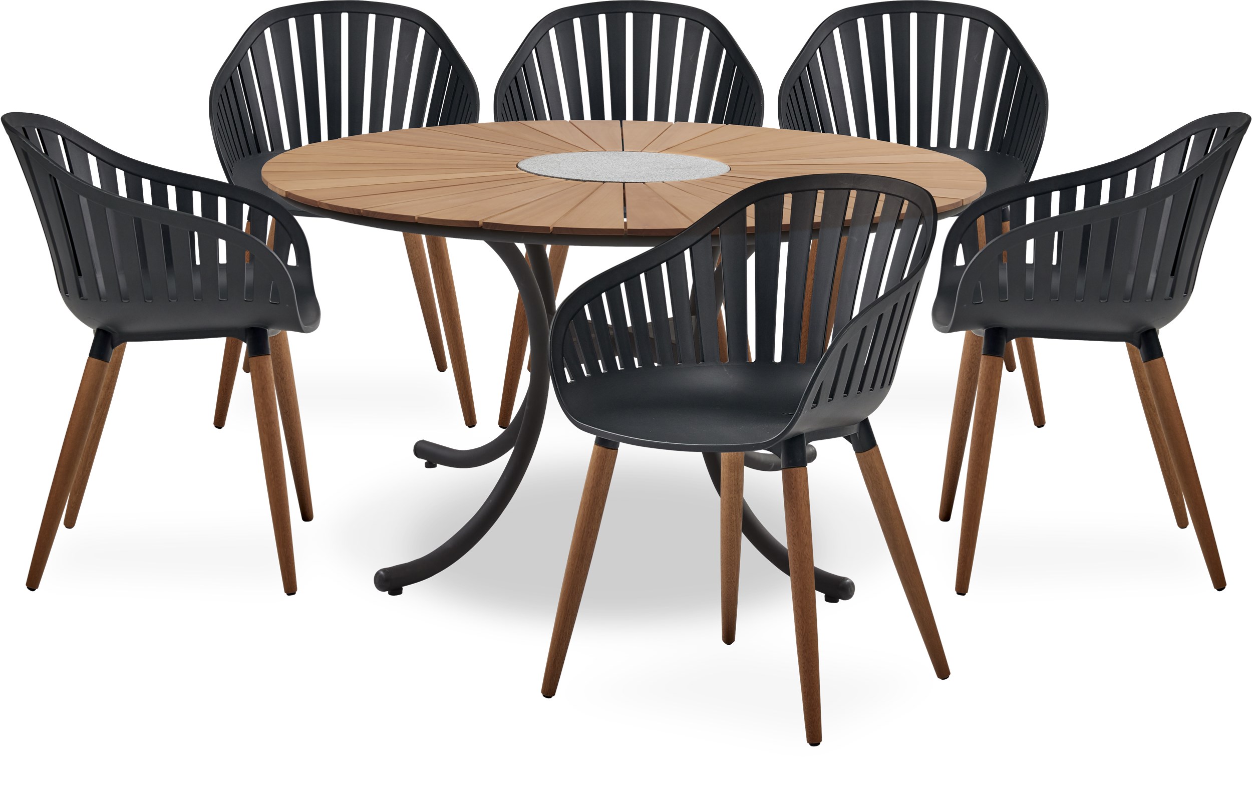Pietra Havesæt med 1 bord træ + 6 stole sort