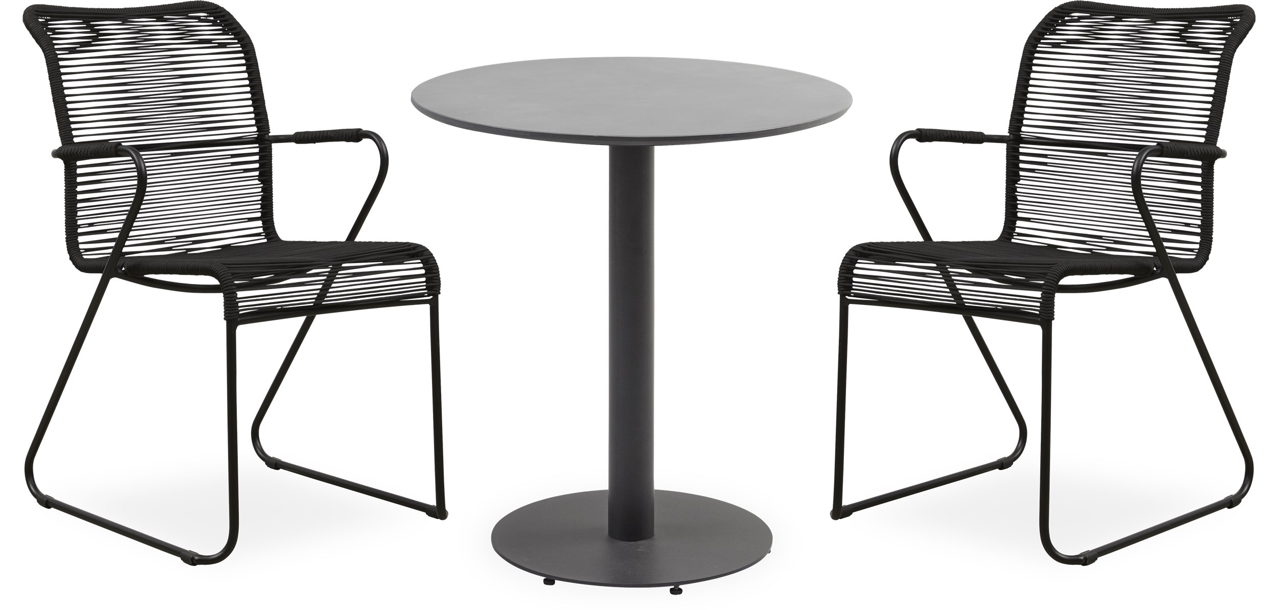 Arres Cafésæt med 1 bord grå + 2 stole sort