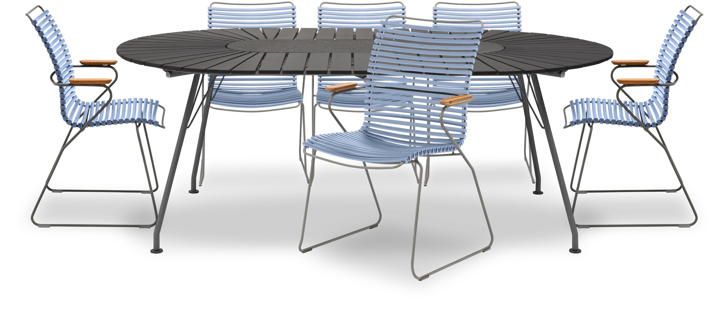 Eclipse Havesæt med 1 bord sort + 6 stole blå