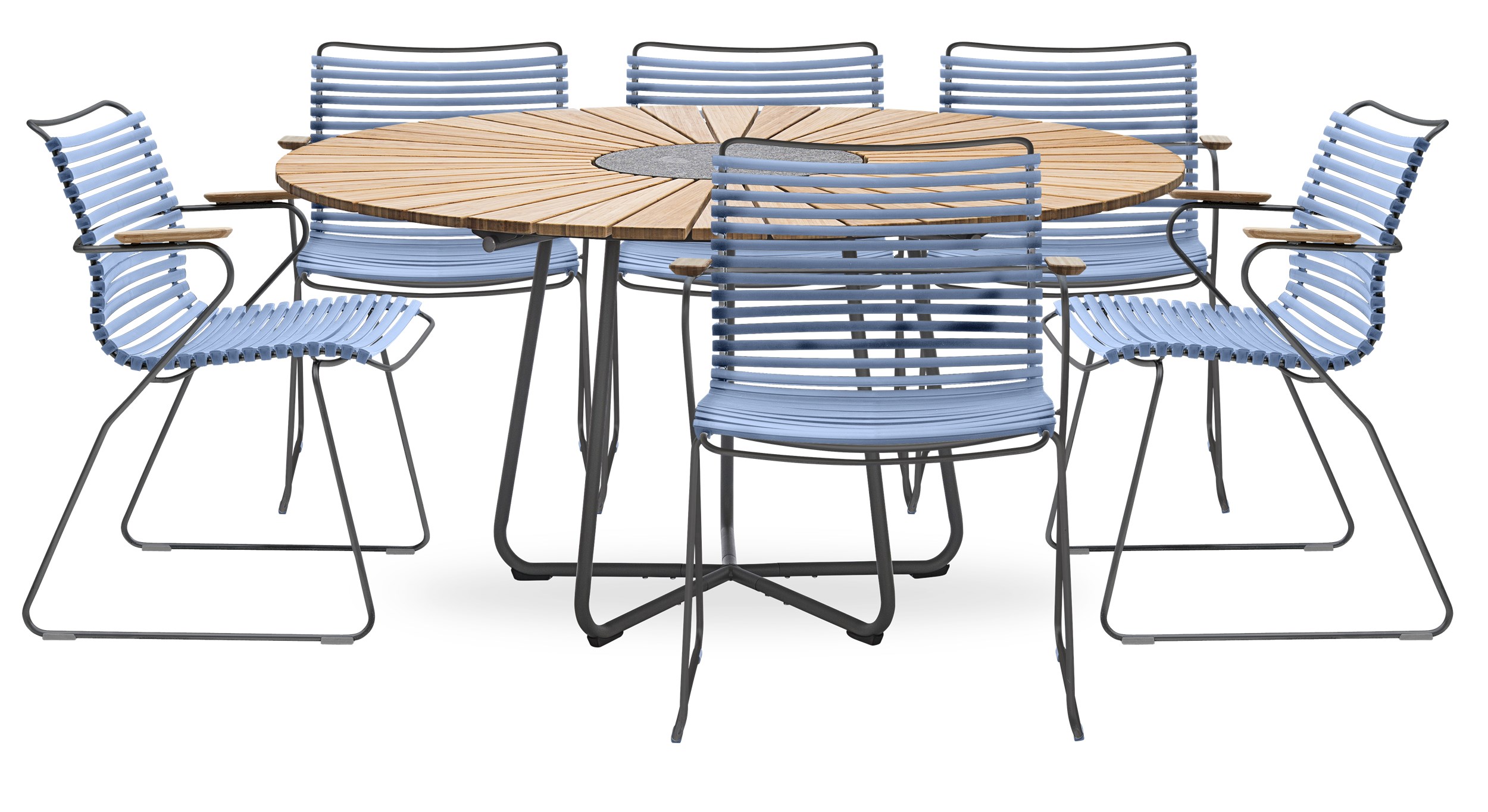 Circle Trädgårdsset med 1 bord trä + 6 stolar blå