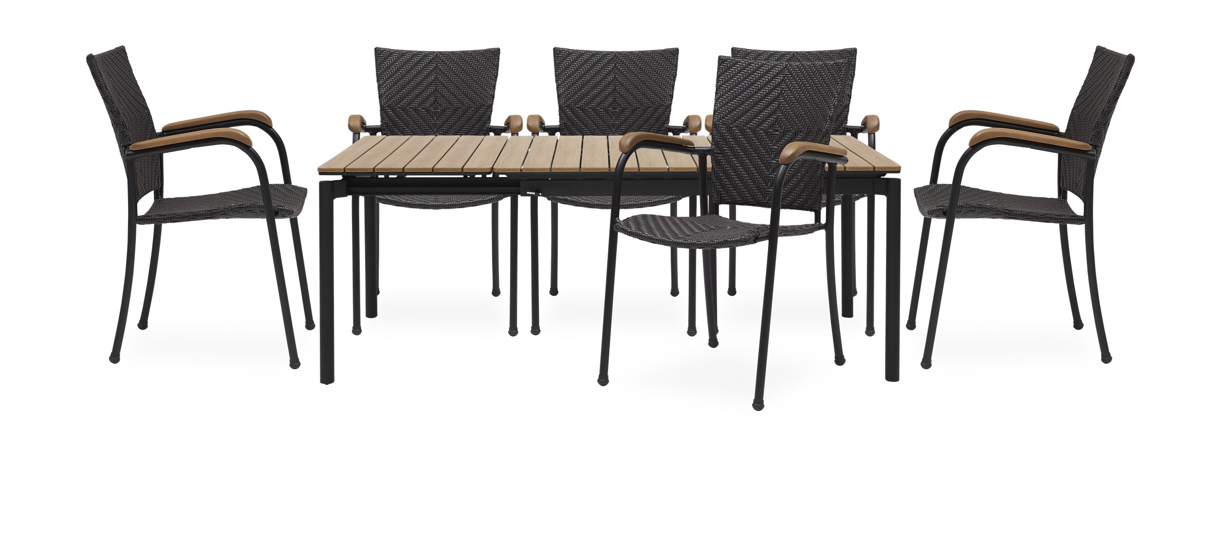 Durano Havesæt med 1 bord natur + 6 stole sort
