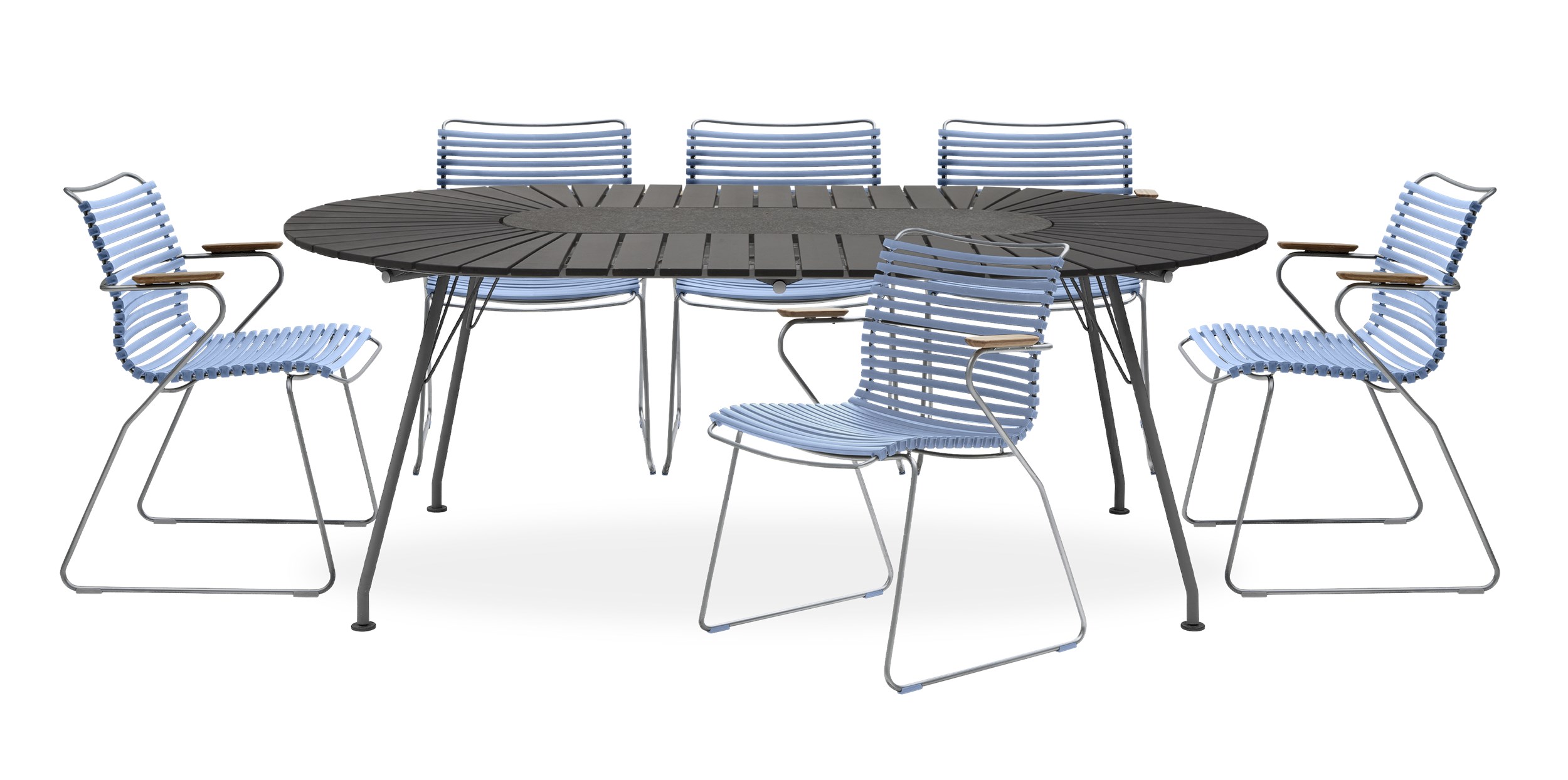 Eclipse Havesæt med 1 bord sort + 6 stole blå