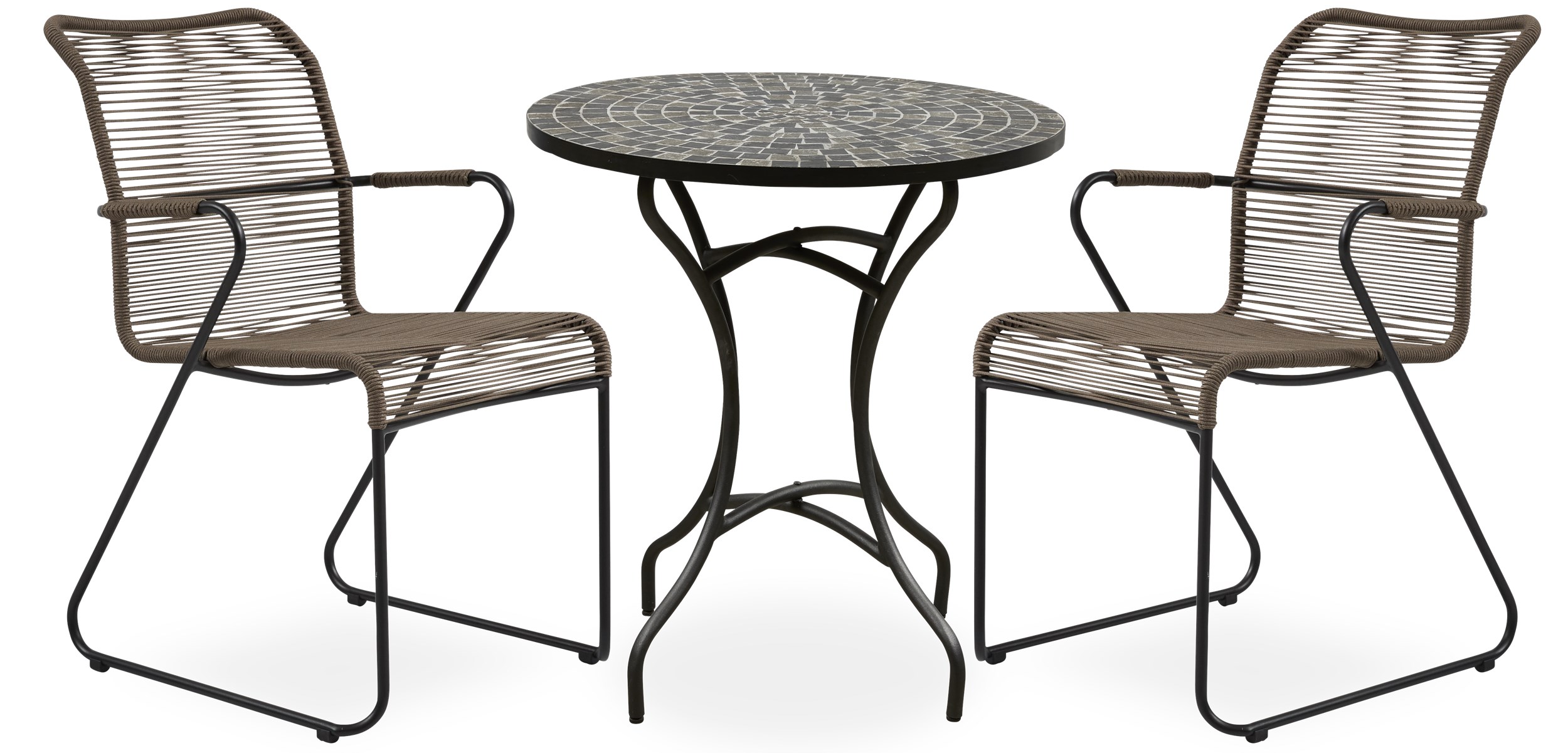 Korsika Caféset med 1 bord svart/grå + 2 stolar beige