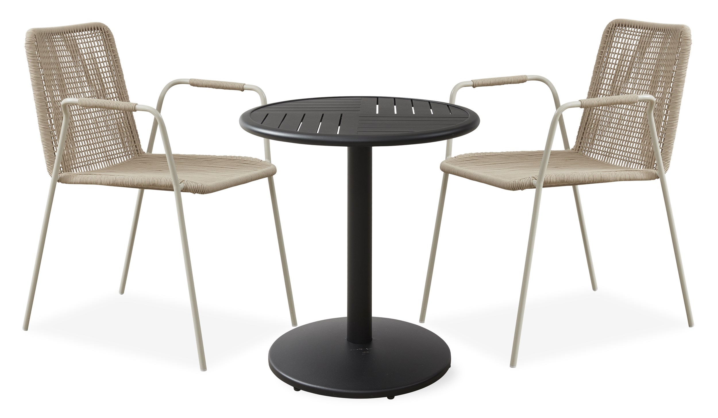 Maleko Caféset med 1 bord svart + 2 stolar sandfärgat