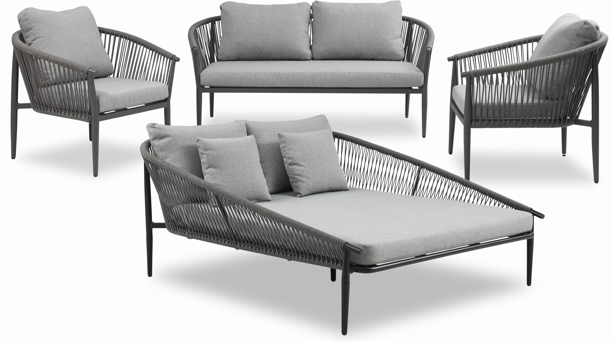 Bestla Loungeset med 1 soffa + 2 stolar + 1 solsäng ljusgrå
