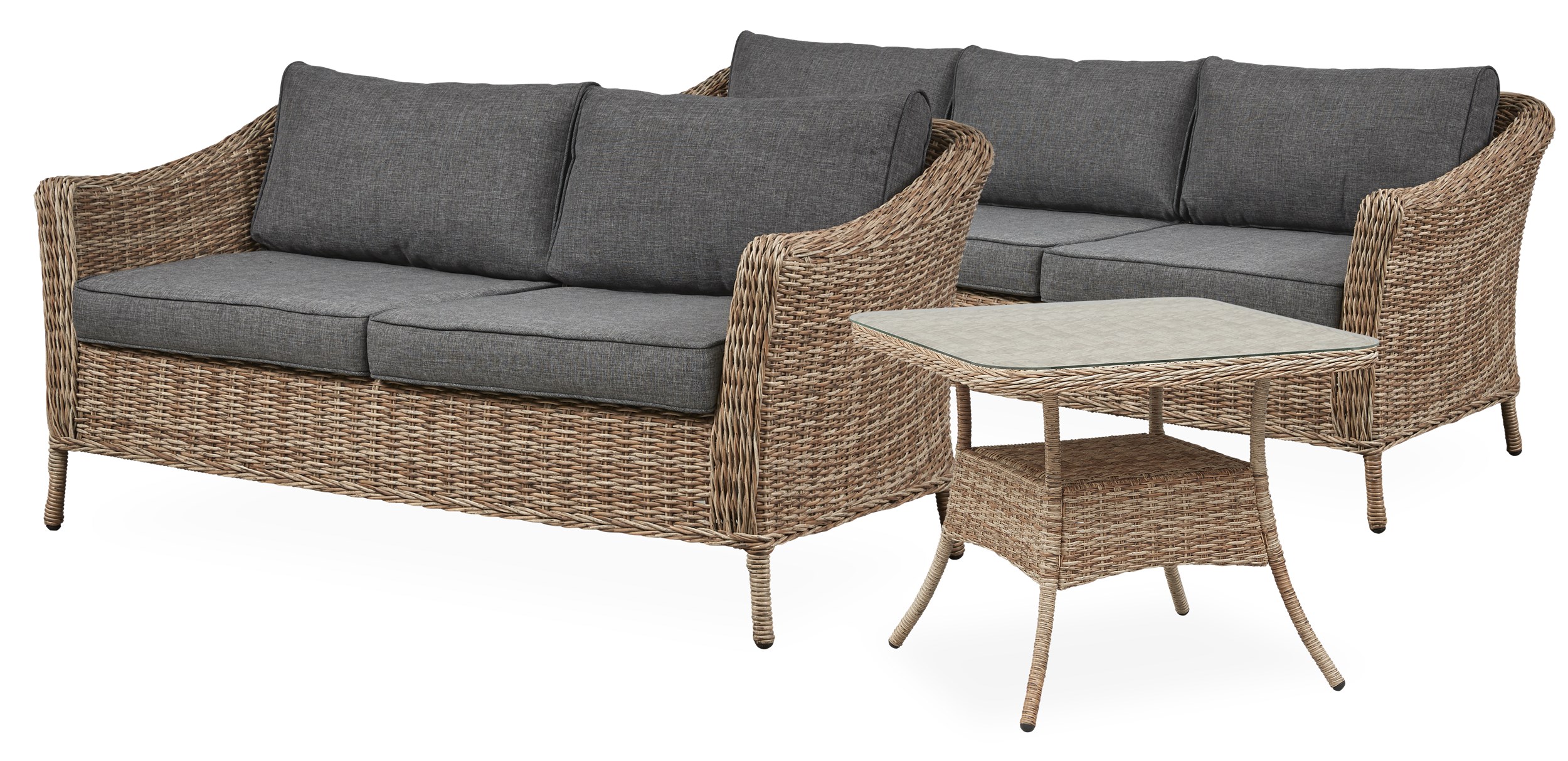 Henley Loungehavesæt med 2 sofaer natur/grå + 1 bord natur/glas
