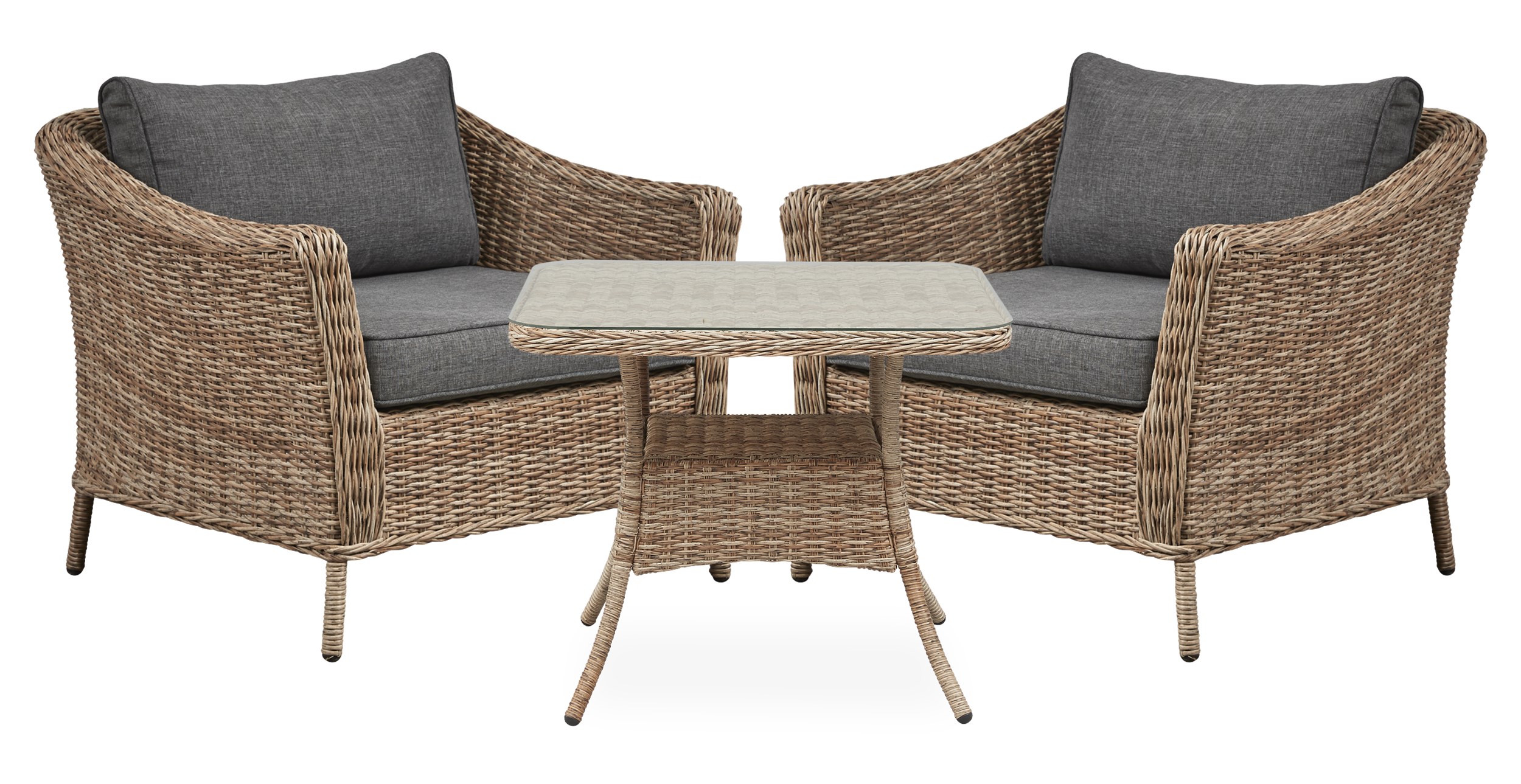 Henley Loungehavesæt med 2 stole natur/grå + 1 bord natur/glas